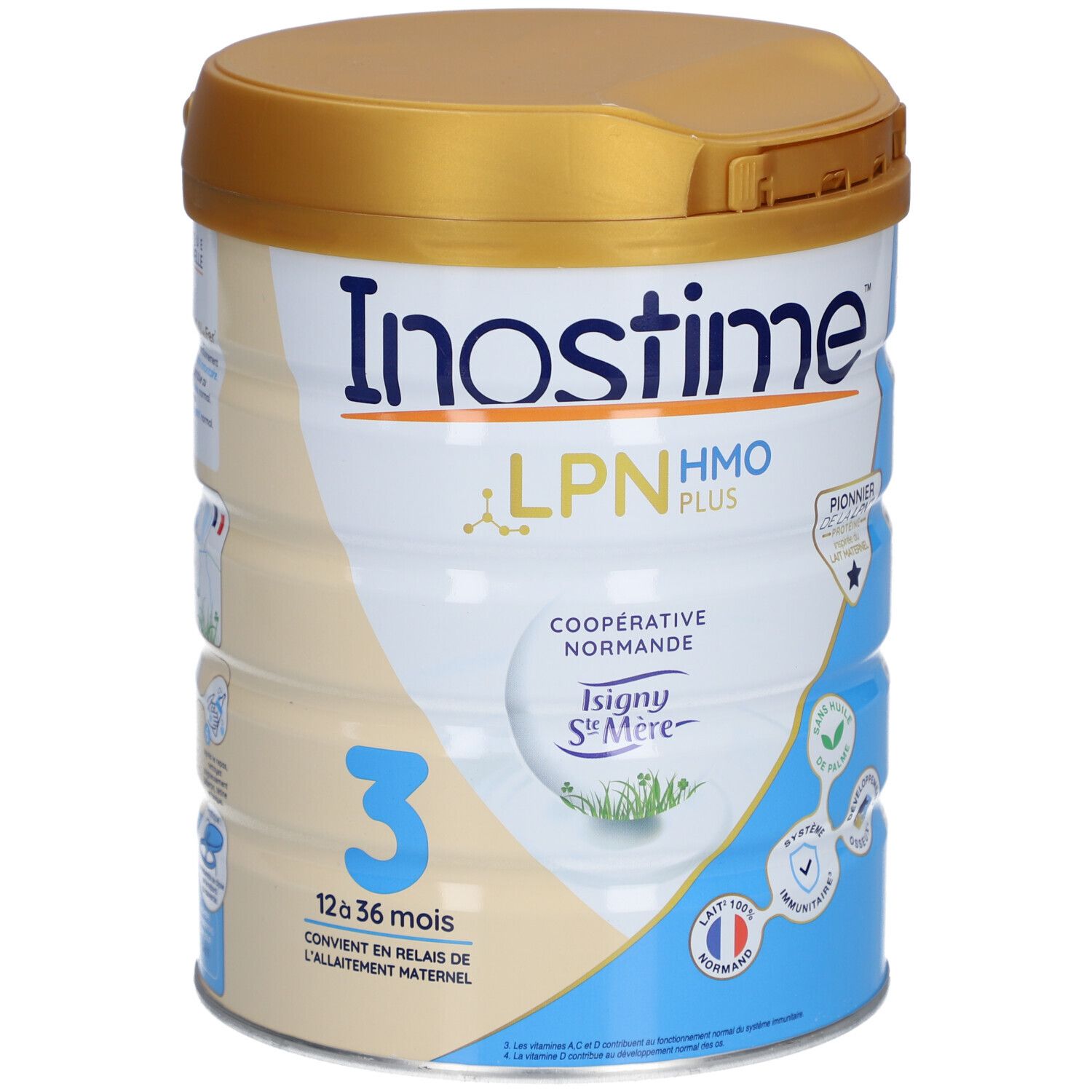 Boîte INOSTIME® LPN HMO Plus 3, 12-36 mois. Couvercle doré, étiquette bleu et blanc. Texte : Lait 100% Normand, Coopérative Normandie.