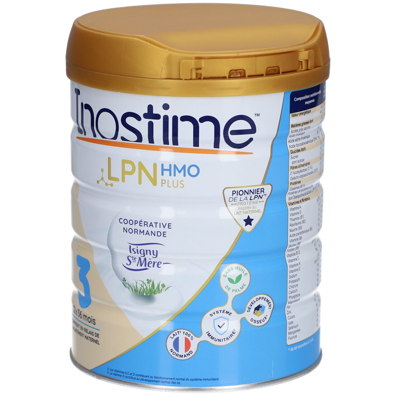 Boîte INOSTIME® LPN HMO Plus 3, 12-36 mois. Couvercle doré, étiquette bleu et blanc. Texte : Lait 100% Normand, Coopérative Normandie.