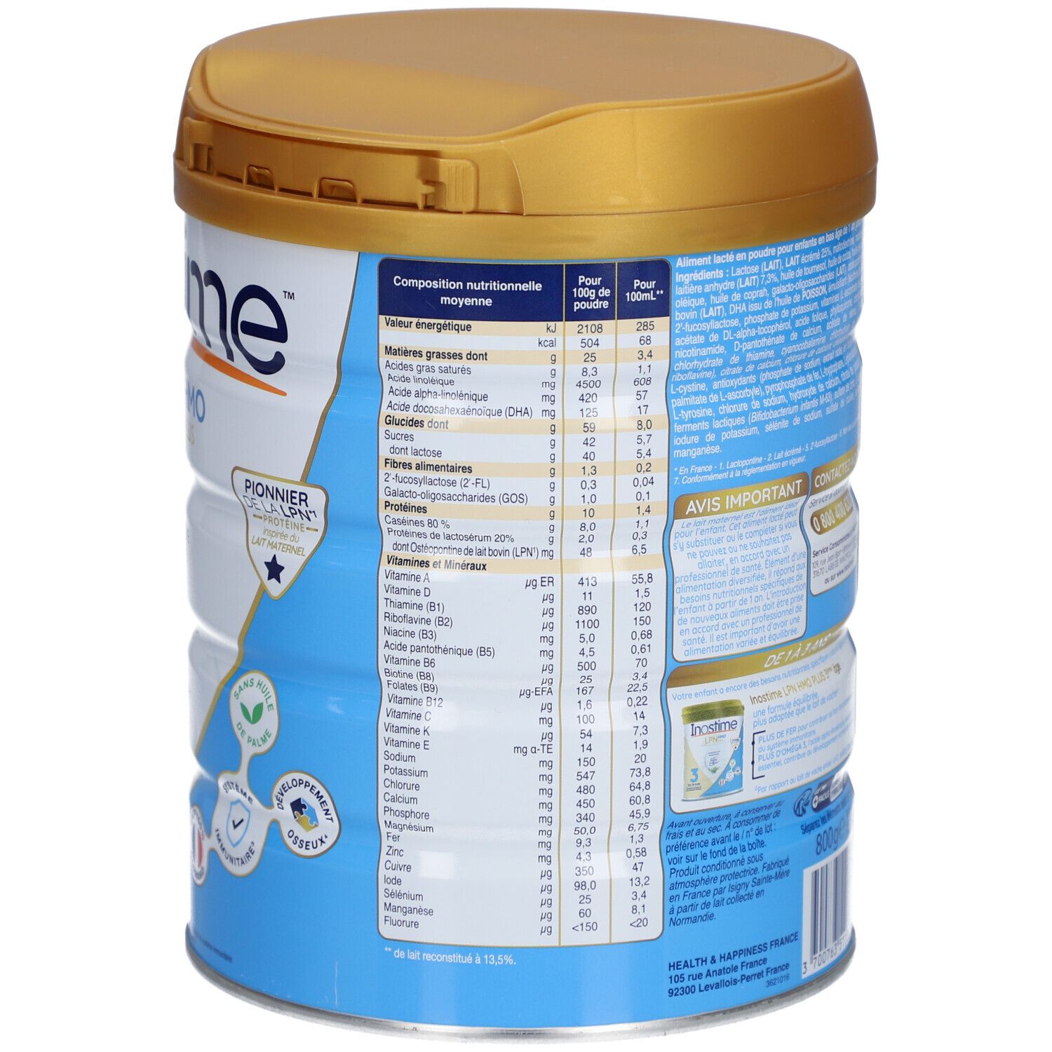 Dos de la boîte INOSTIME® LPN HMO Plus. Informations nutritionnelles. Couvercle doré, étiquette bleue.