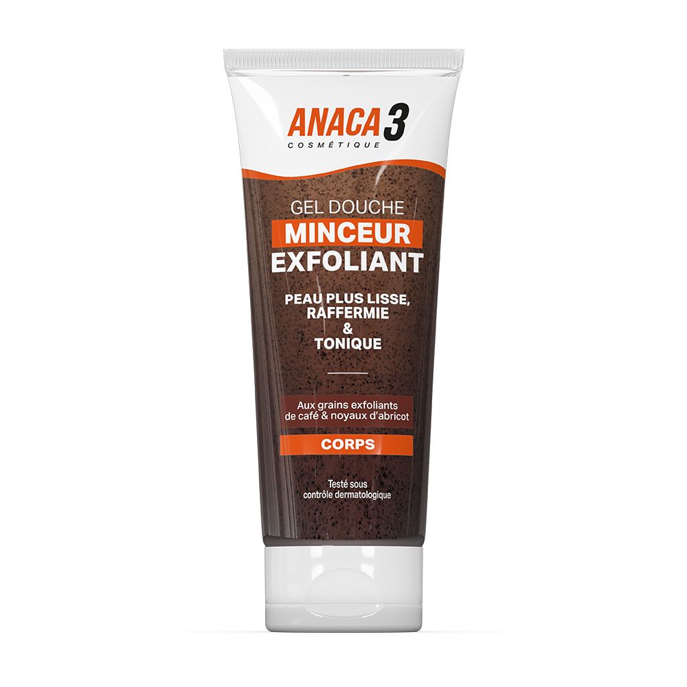 Tube de gel douche Anaca3 Minceur Exfoliant. Design blanc et orange, contenu brun. Inscription: Gel Douche, Minceur Exfoliant, Corps.