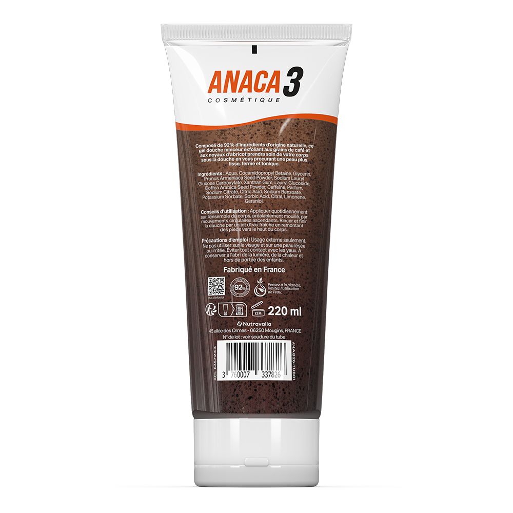 Dos du tube de gel douche Anaca3 Exfoliant. Contient du texte et des informations. Ingrédients et origine.