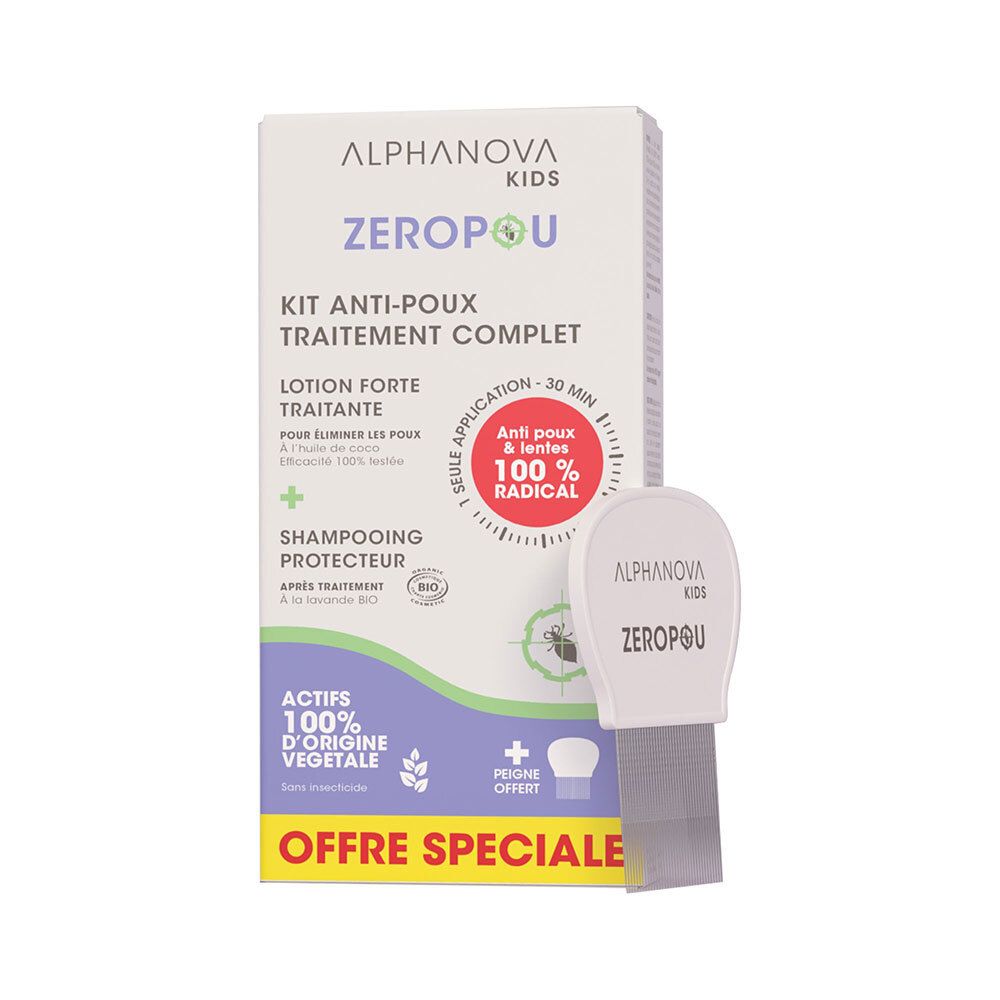 Kit Alphanova Kids Zeropou. Comprend lotion, shampooing et peigne. Emballage avec texte et logo.