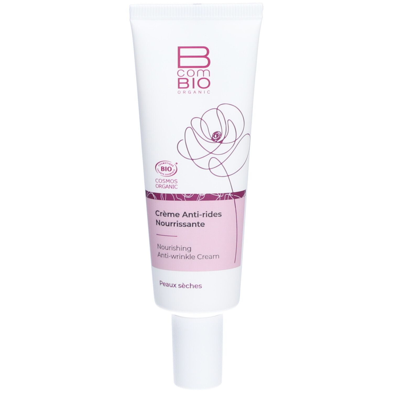 Tube blanc avec logo B COM BIO et motif floral. Texte: Crème Anti-rides Nourrissante, Peaux sèches. Certification bio.