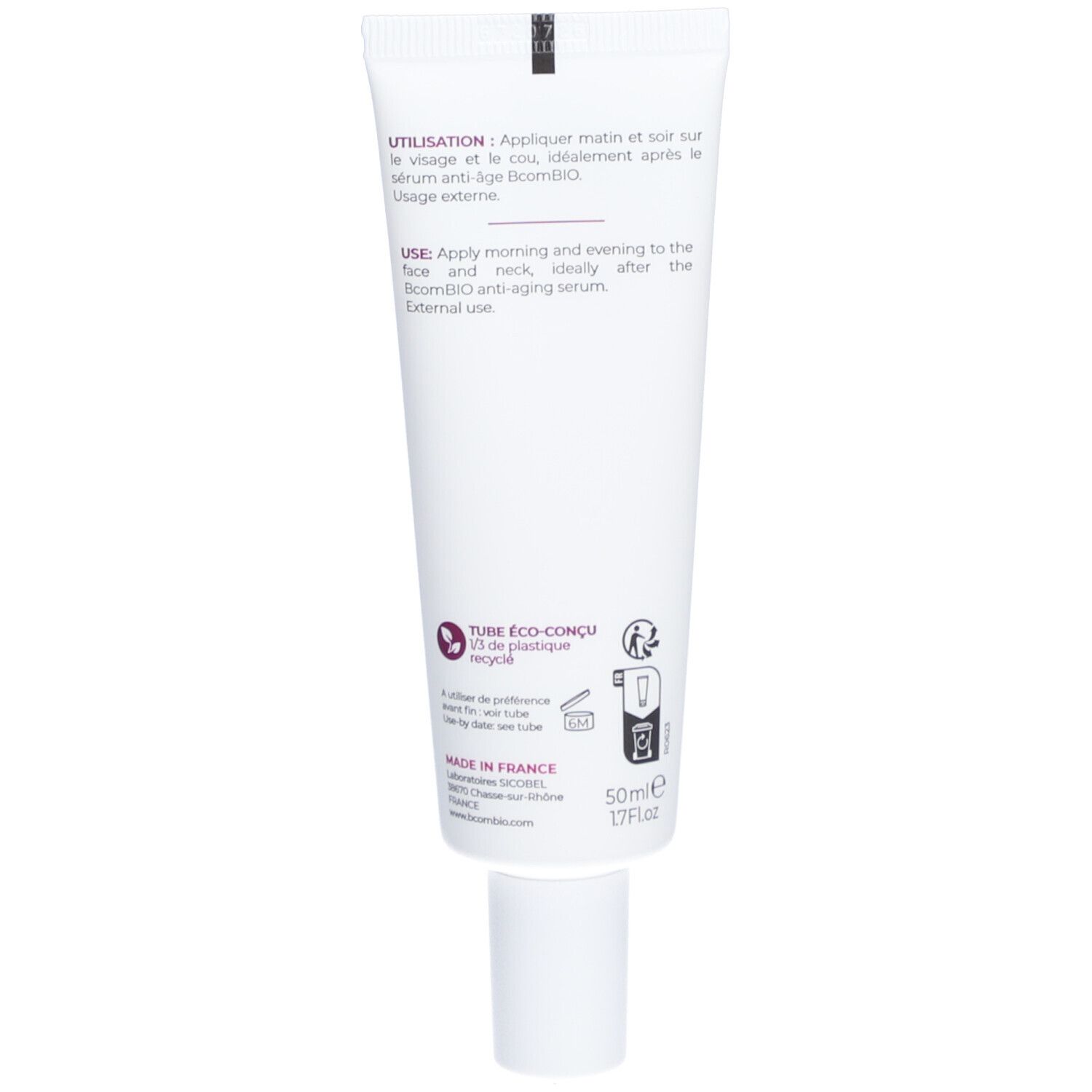 Dos du tube. Texte: Instructions d'utilisation, Tube éco-conçu, 50ml, Fabriqué en France. Symbole de recyclage.