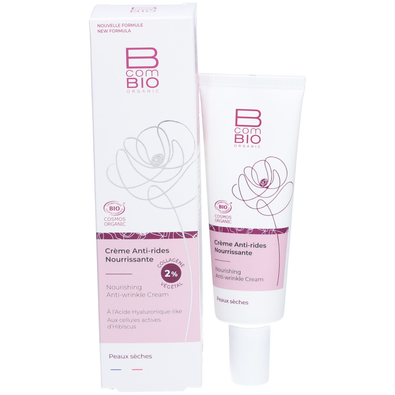 Emballage du produit avec tube et boîte. Boîte avec logo B COM BIO, Texte: Crème Anti-rides Nourrissante, 2% vegetal Collagen.