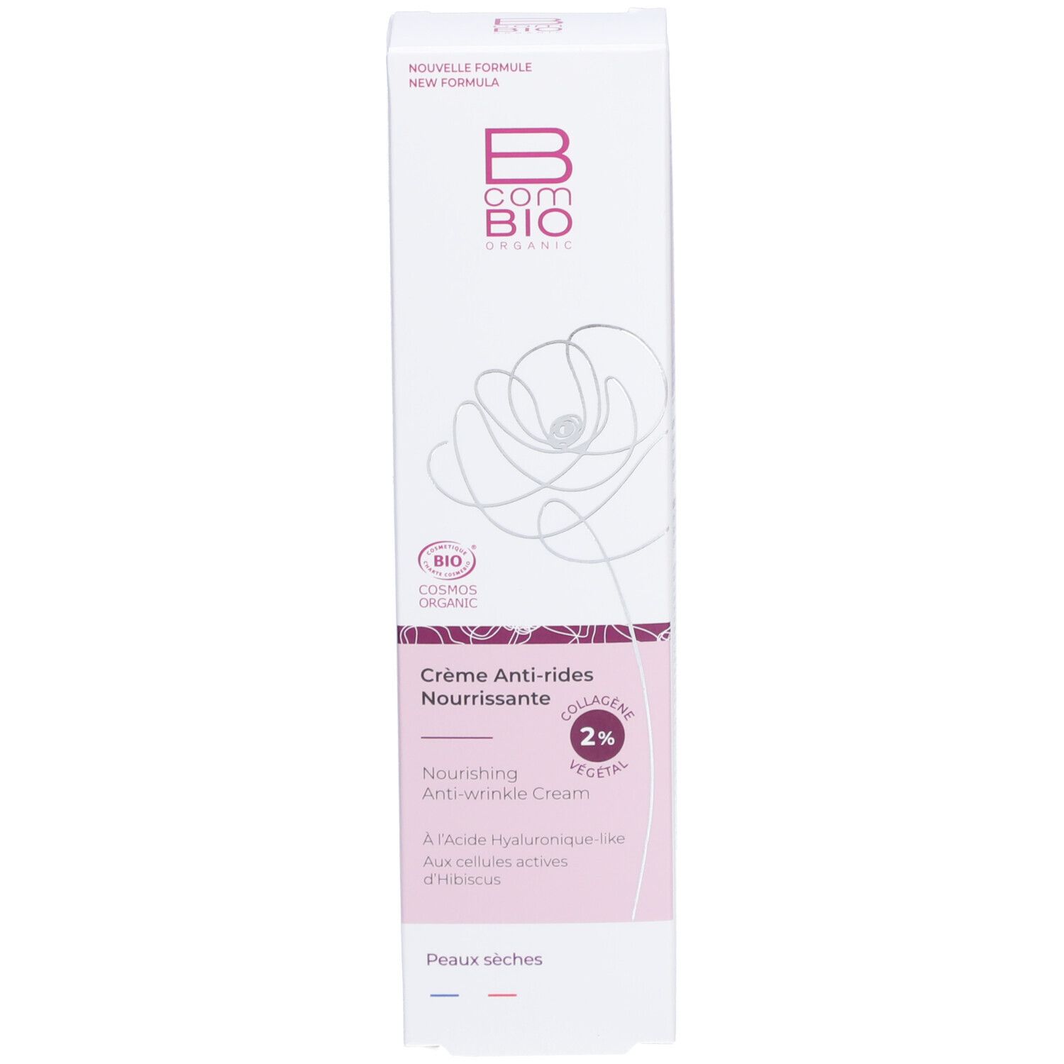 Emballage du produit. Boîte avec logo B COM BIO, Texte: Crème Anti-rides Nourrissante, 2% vegetal Collagen, Peaux sèches.