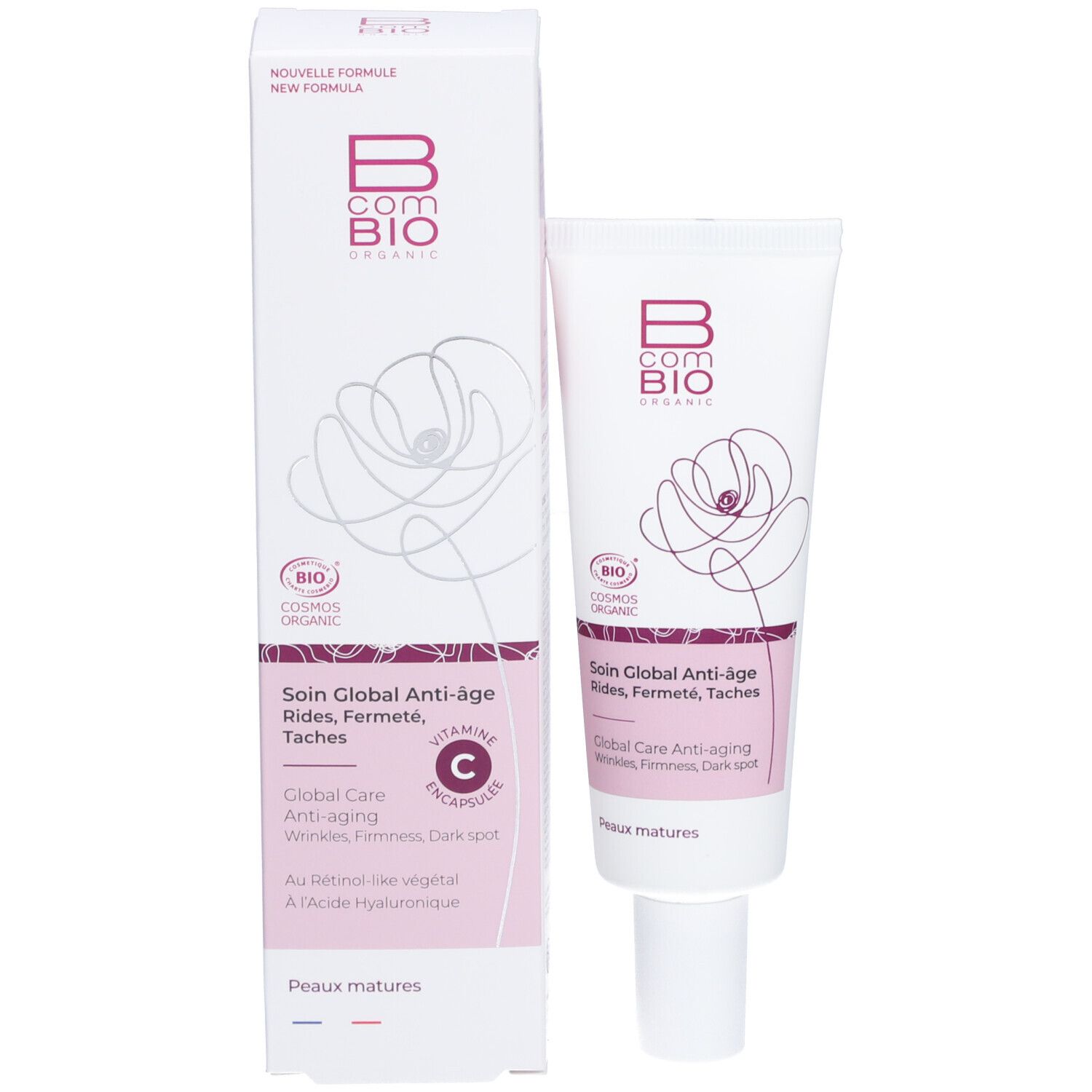 Emballage du produit et tube de crème. Emballage: blanc, nom du produit, logo, ingrédients. Tube: blanc, nom, logo, fleurs roses.