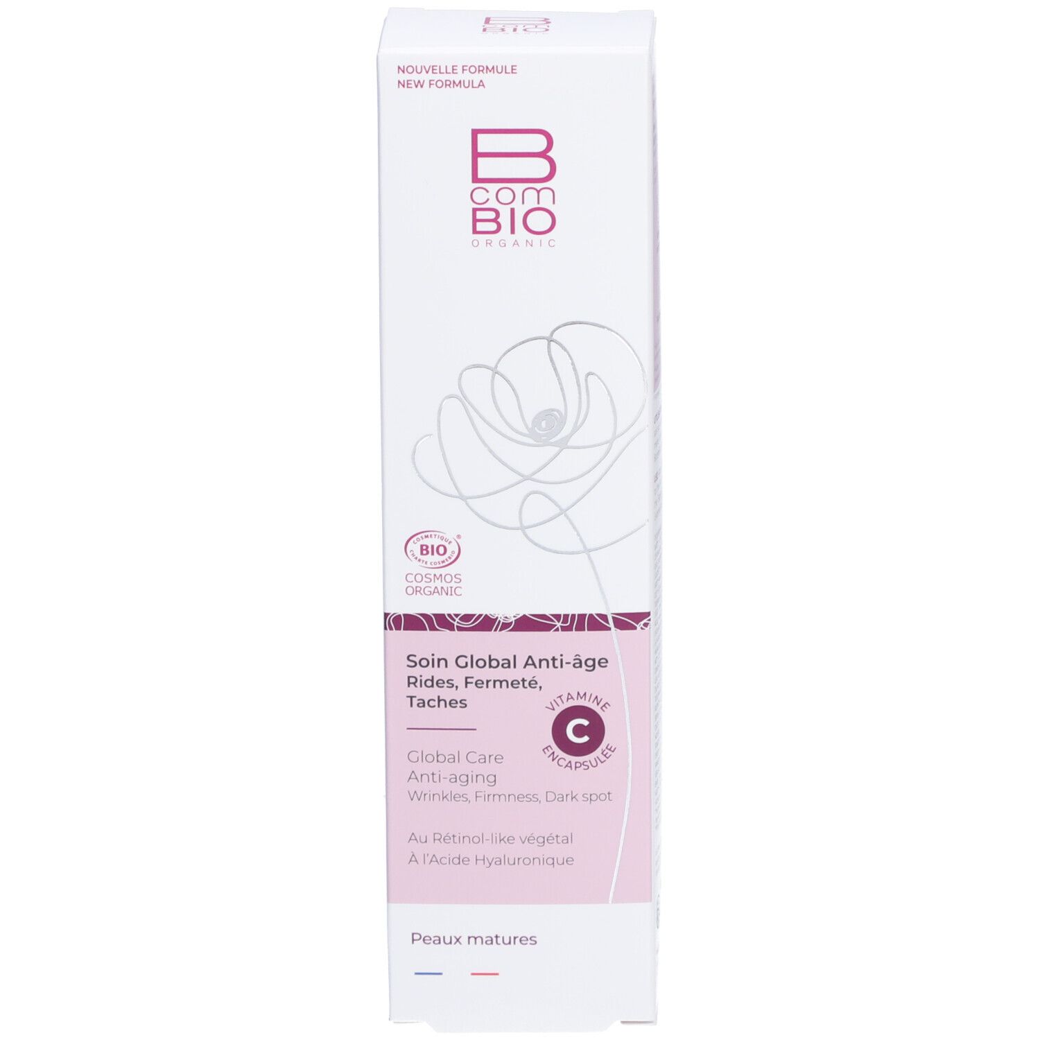 Emballage produit blanc. Inscription: B COM BIO, COSMOS ORGANIC. Nom du produit, logo, ingrédients. Dessin floral rose.