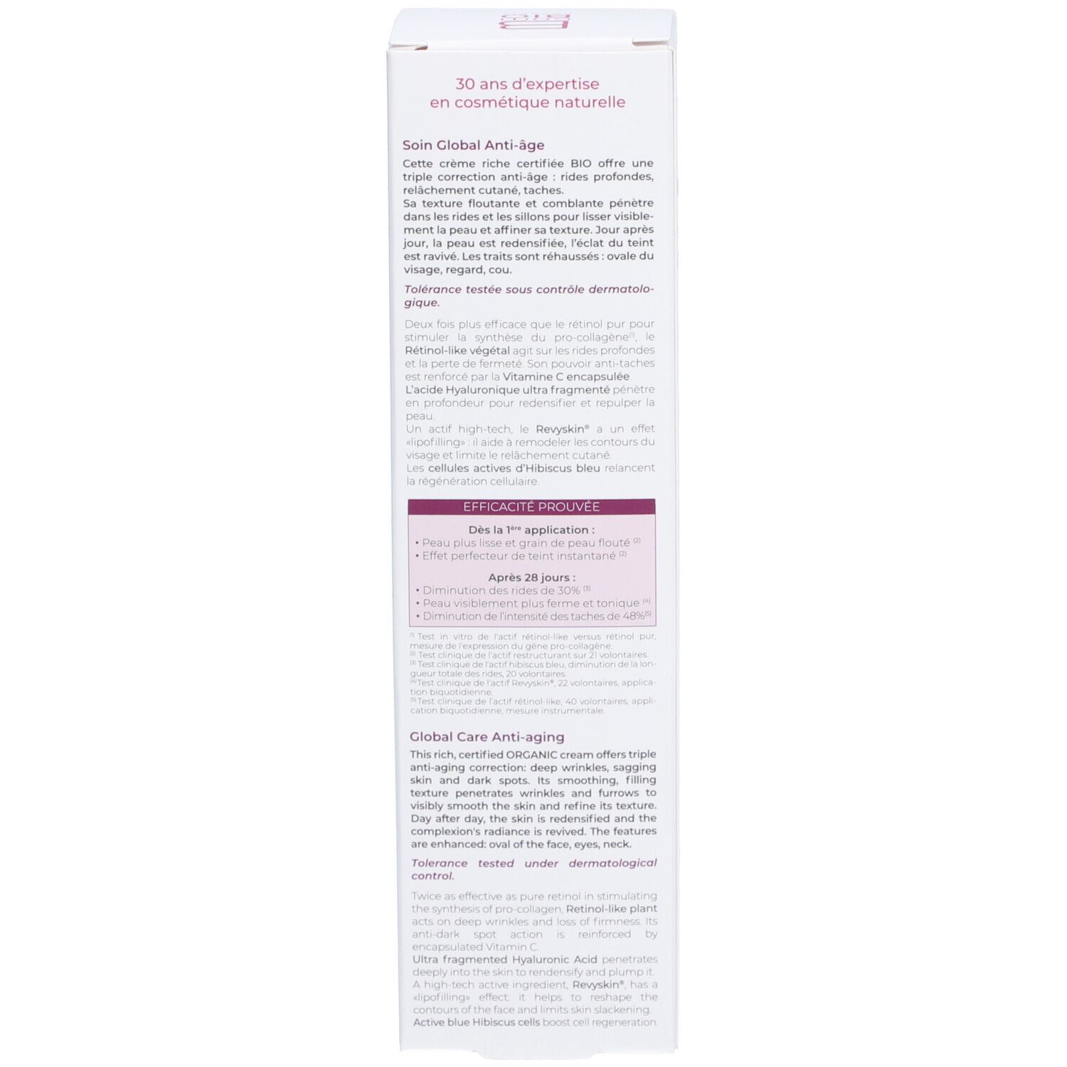 Vue détaillée de l'emballage. Texte: description du produit, avantages, utilisation. Couleurs rose et blanc. Informations produit.
