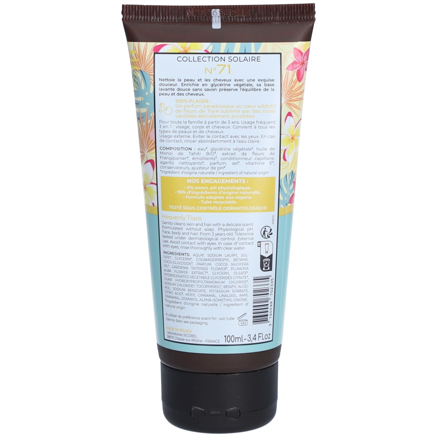 Dos du tube de shampooing douche Osmaé. Texte : "Collection Solaire N°71". Ingrédients, instructions. Logo végan, symbole de recyclage.