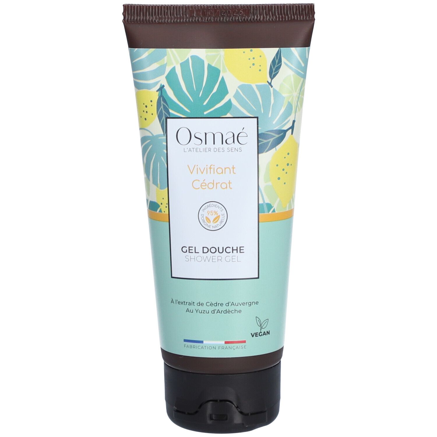Tube de gel douche Osmaé, motif floral et nom du produit. Logo végan.