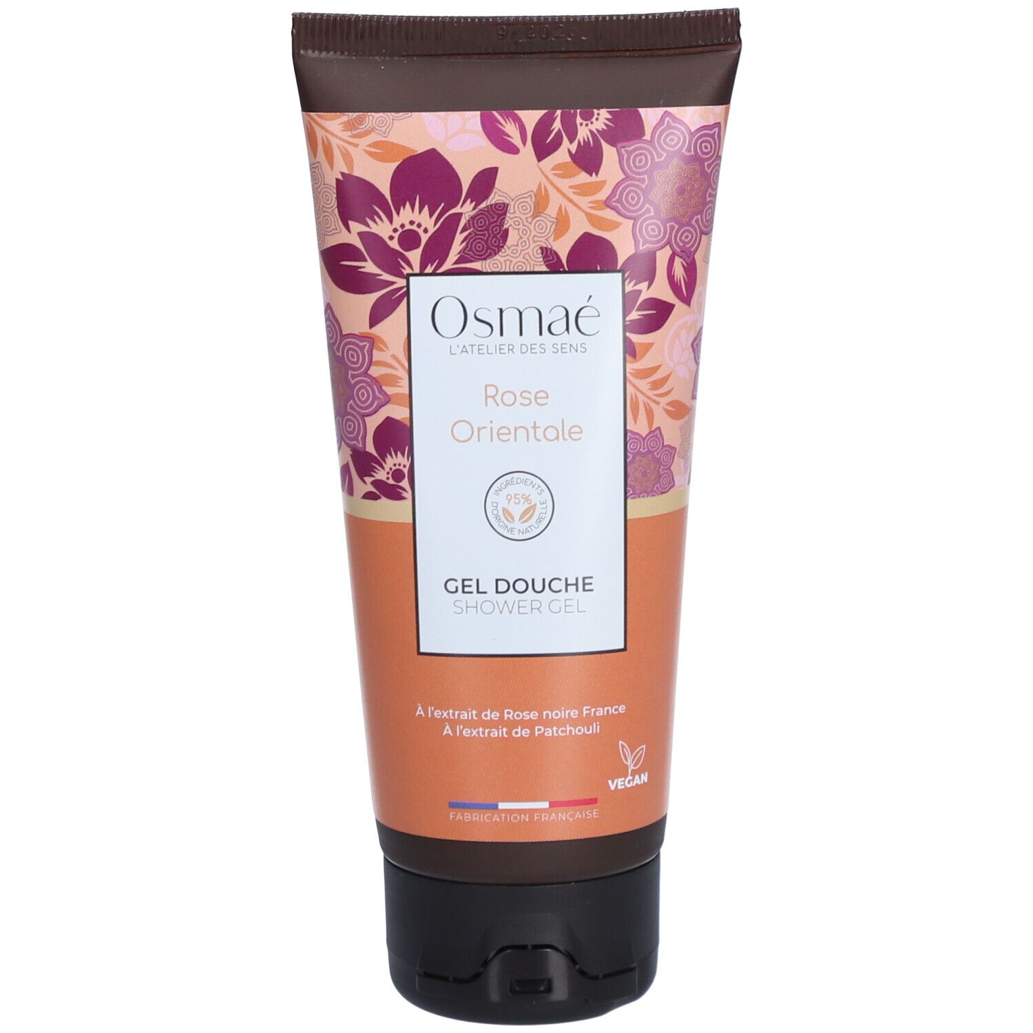 Gel douche Osmaé Rose Orientale. Tube avec motif floral. Nom du produit et logo en façade. Label Vegan.