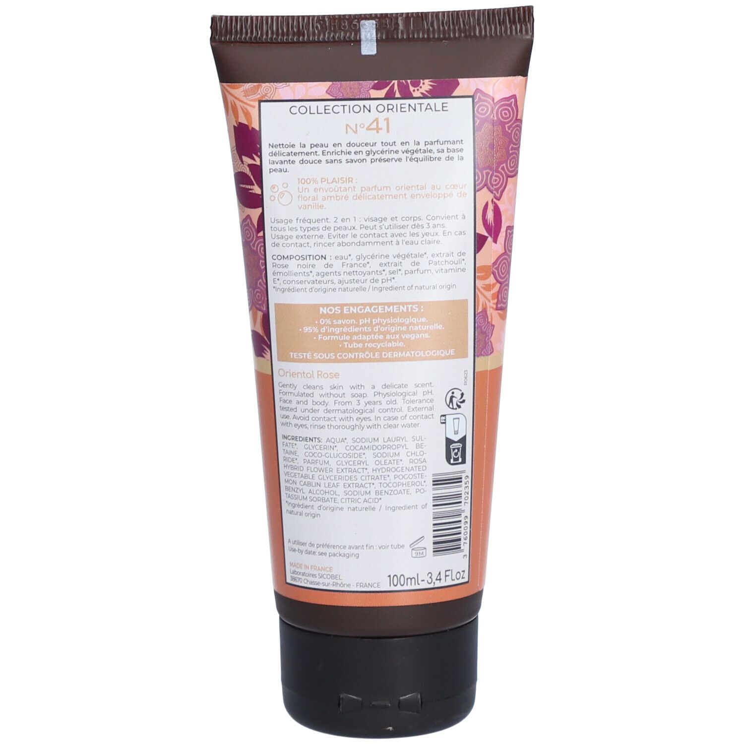 Dos du tube Osmaé Rose Orientale. Informations textuelles, ingrédients et logo. Label Vegan.