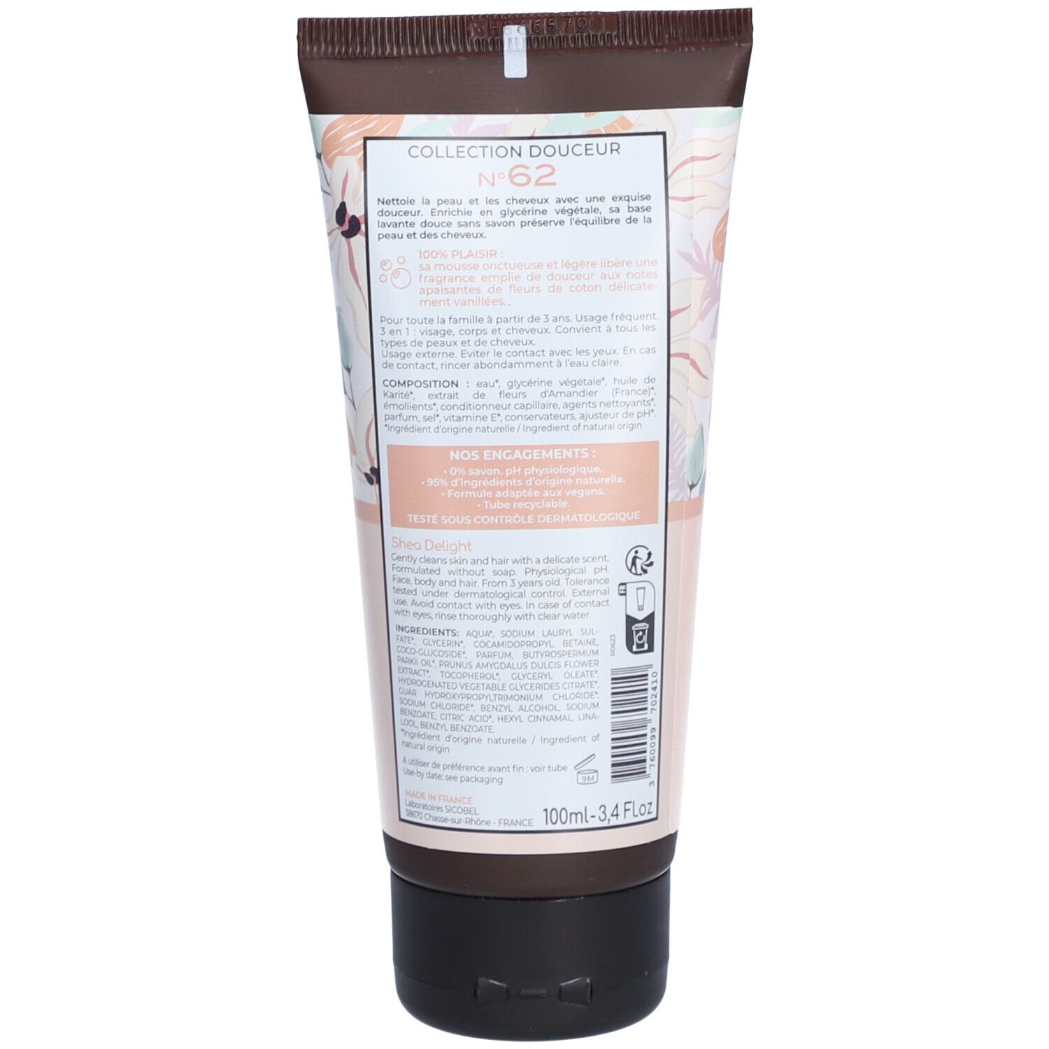 Achterkant van de Osmaé Shampoing Douche Délice de Karité tube. Tekst en ingrediënten. Bruine dop. 100ml.