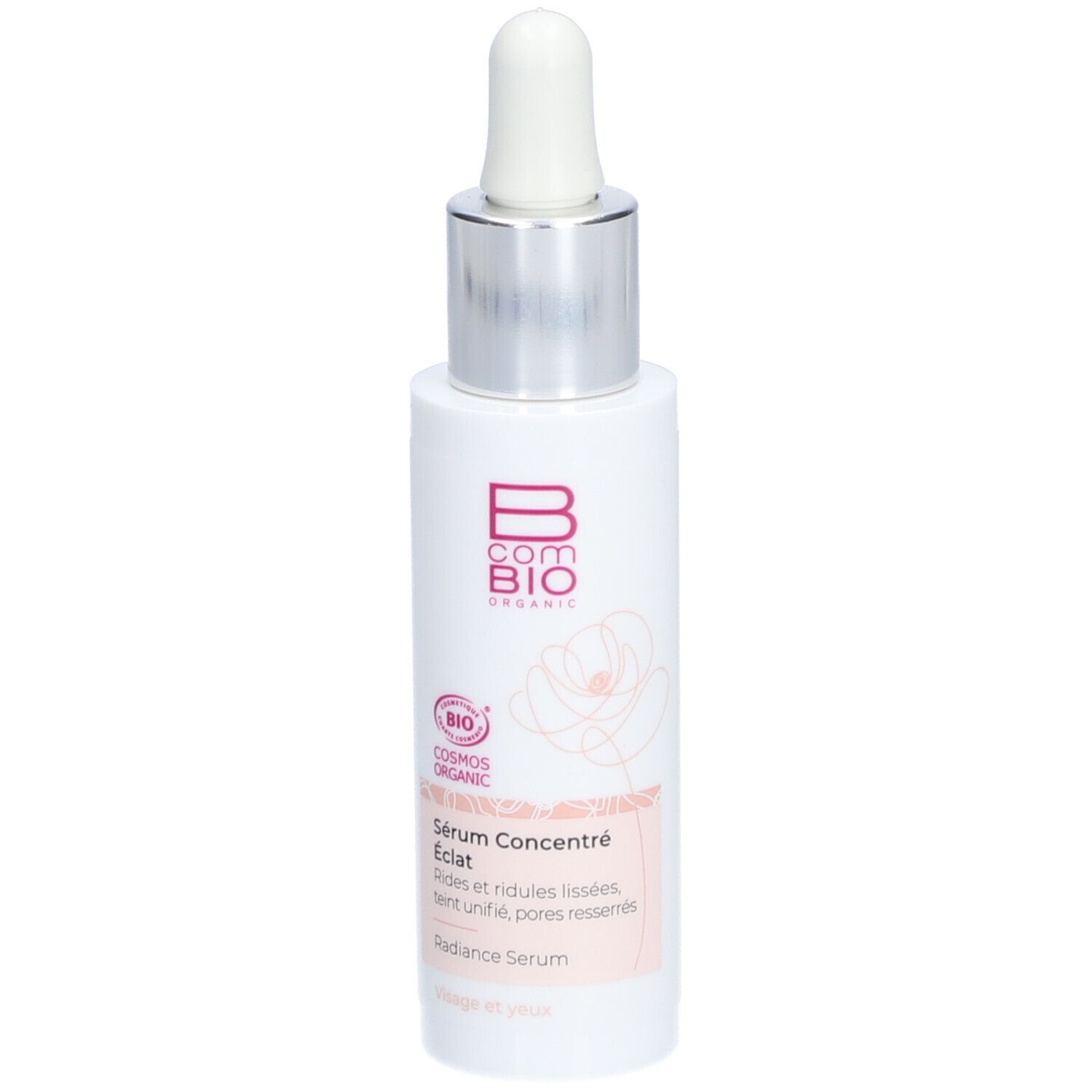 Flacon blanc avec pipette. Inscription: B COM BIO, Sérum Concentré éclat. Certification Cosmos Organic.