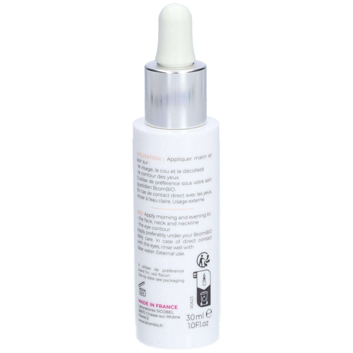 Dos du flacon blanc avec texte. Inscription: Conseils d'utilisation, 30ml, 1.0 fl.oz. Fabriqué en France.