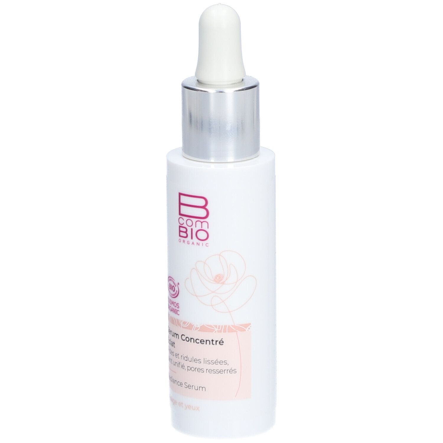 Flacon blanc avec pipette. Inscription: B COM BIO, Sérum Concentré éclat. Certification Cosmos Organic.