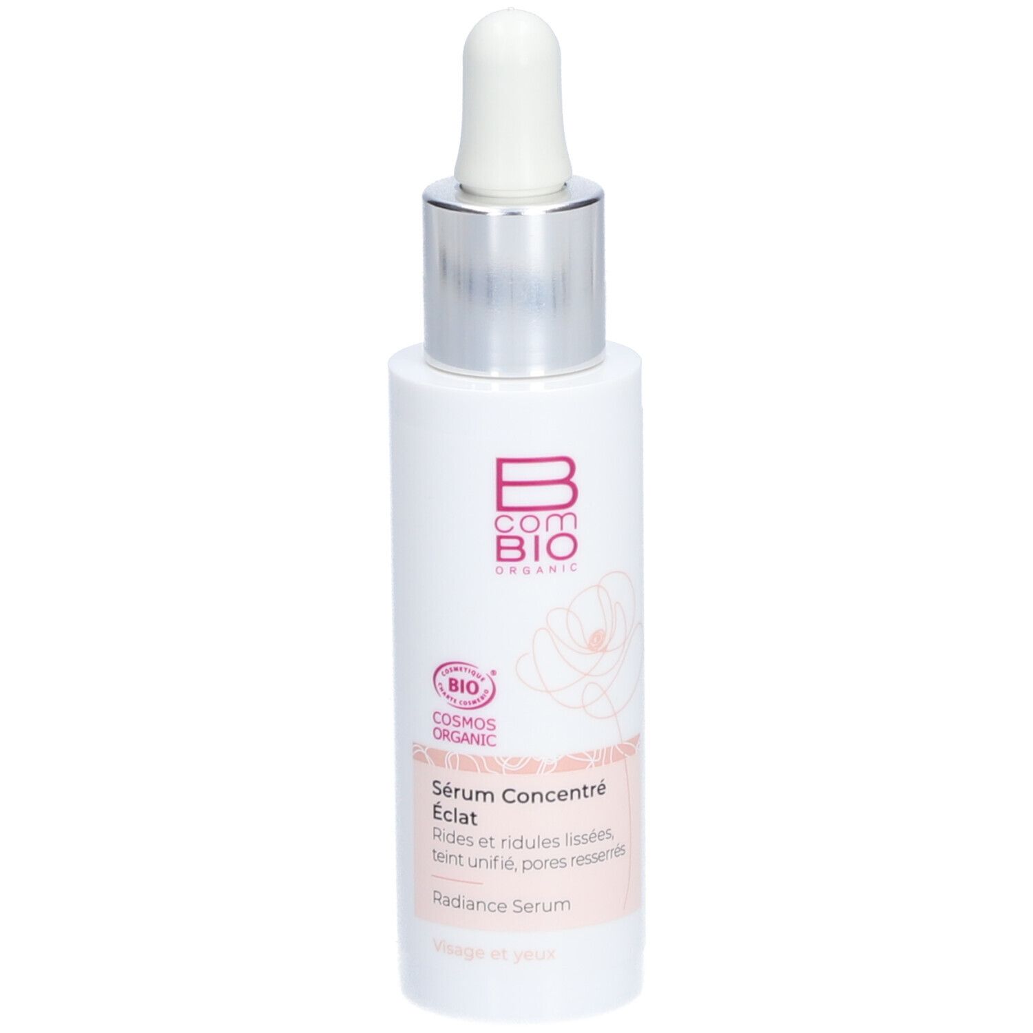 Flacon blanc avec pipette. Inscription: B COM BIO, Sérum Concentré éclat. Certification Cosmos Organic.