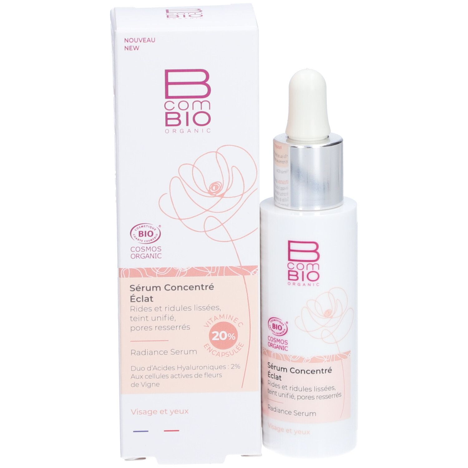 Flacon et emballage du produit. Inscription: B COM BIO, Sérum Concentré éclat. Certification Cosmos Organic. 20% Vitamine C.