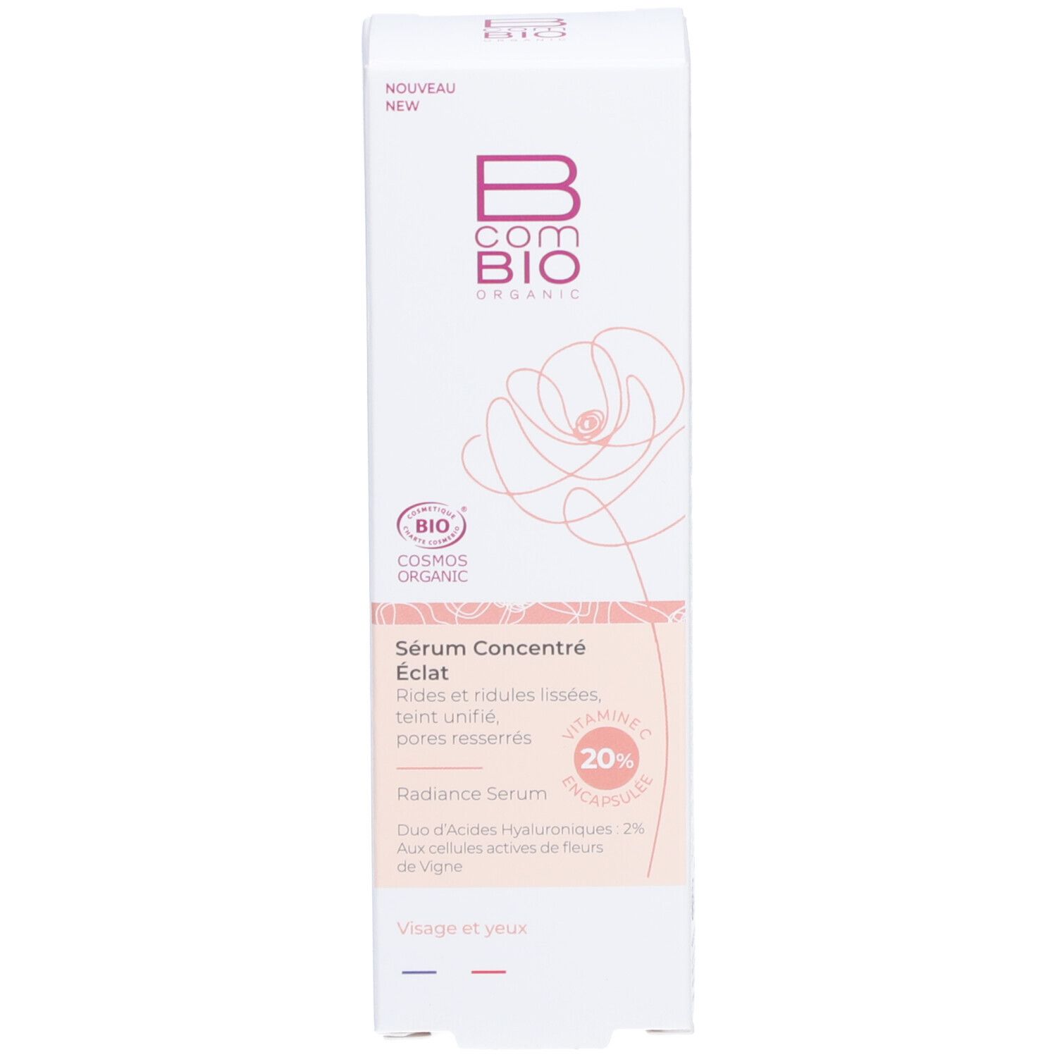 Emballage du produit. Inscription: B COM BIO, Sérum Concentré éclat. Certification Cosmos Organic. 20% Vitamine C.