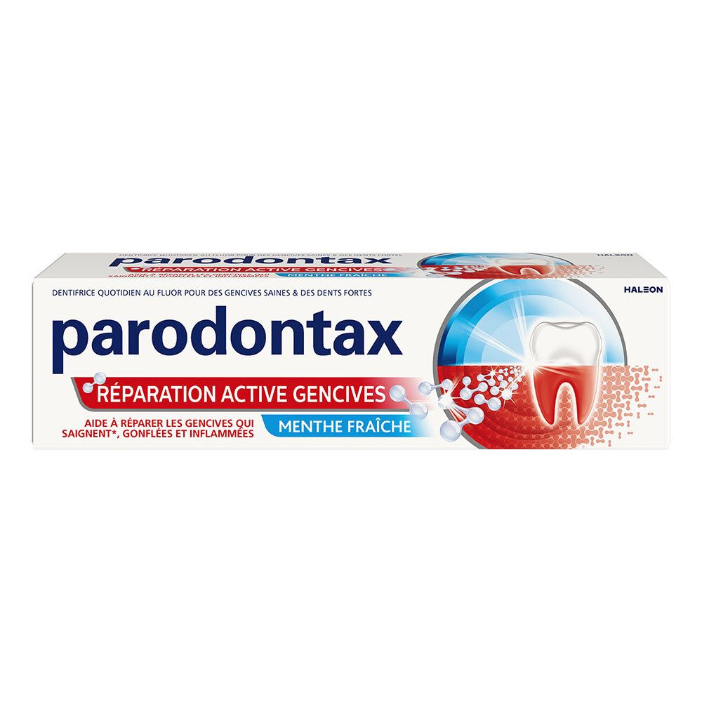 Tube de dentifrice "parodontax". Inscription "Réparation Active Gencives" et "Menthe Fraîche".