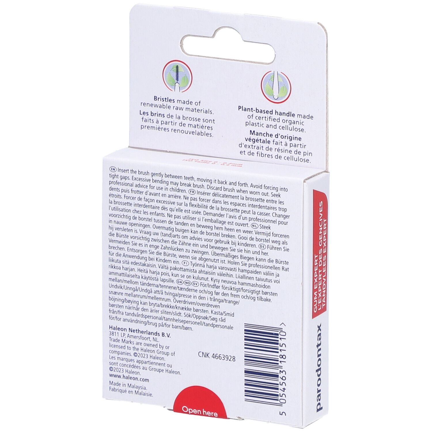 Dos de l'emballage avec informations produit. Texte multilingue. Informations fabricant.