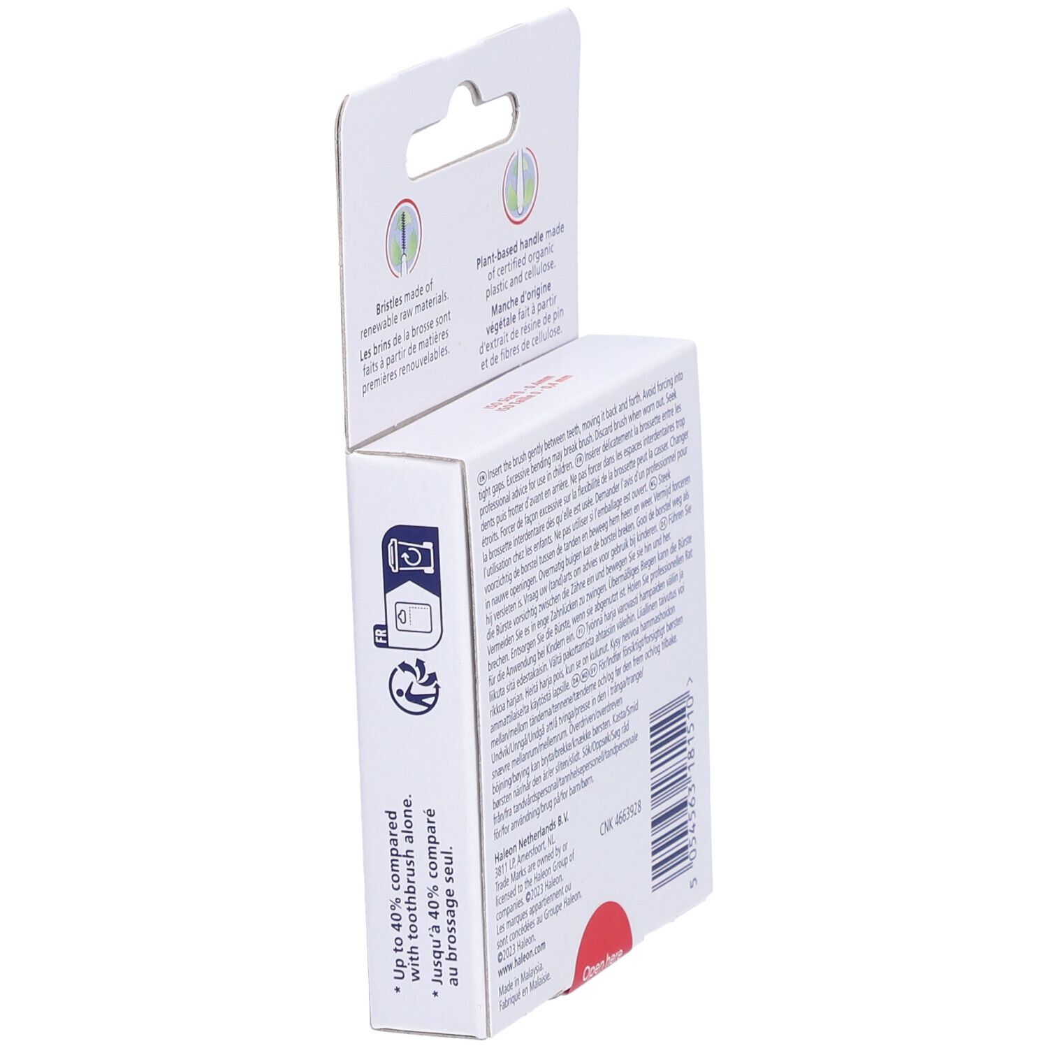 Vue latérale de l'emballage avec informations produit. Texte multilingue.