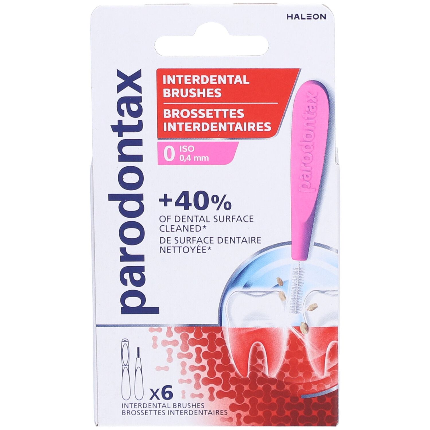 Boîte de 6 brossettes interdentaires. Brosse rose, 0,4 mm. Marque : Parodontax. Vue de face.