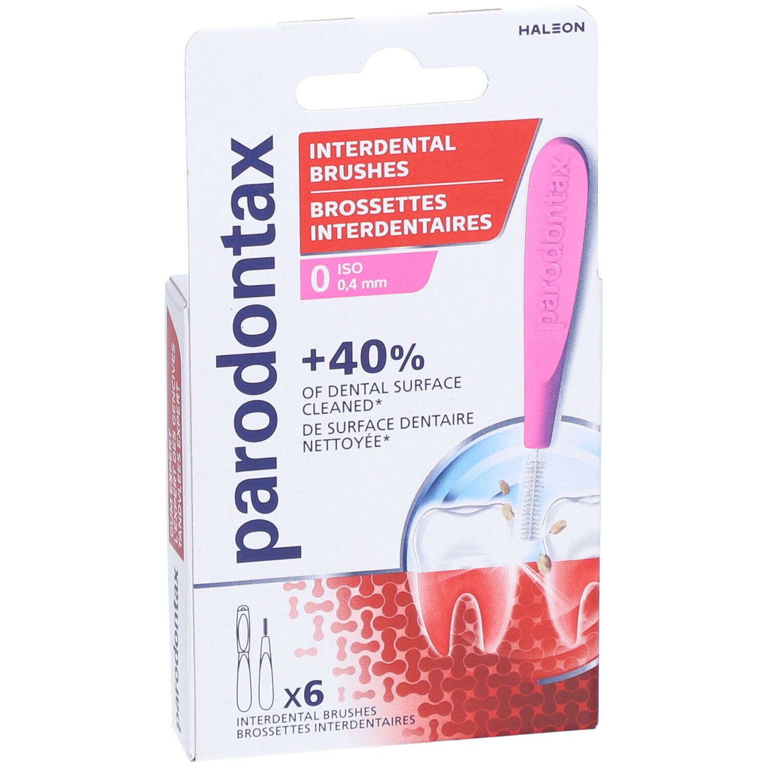 Boîte de 6 brossettes interdentaires. Brosse rose, 0,4 mm. Marque : Parodontax. Vue de face.