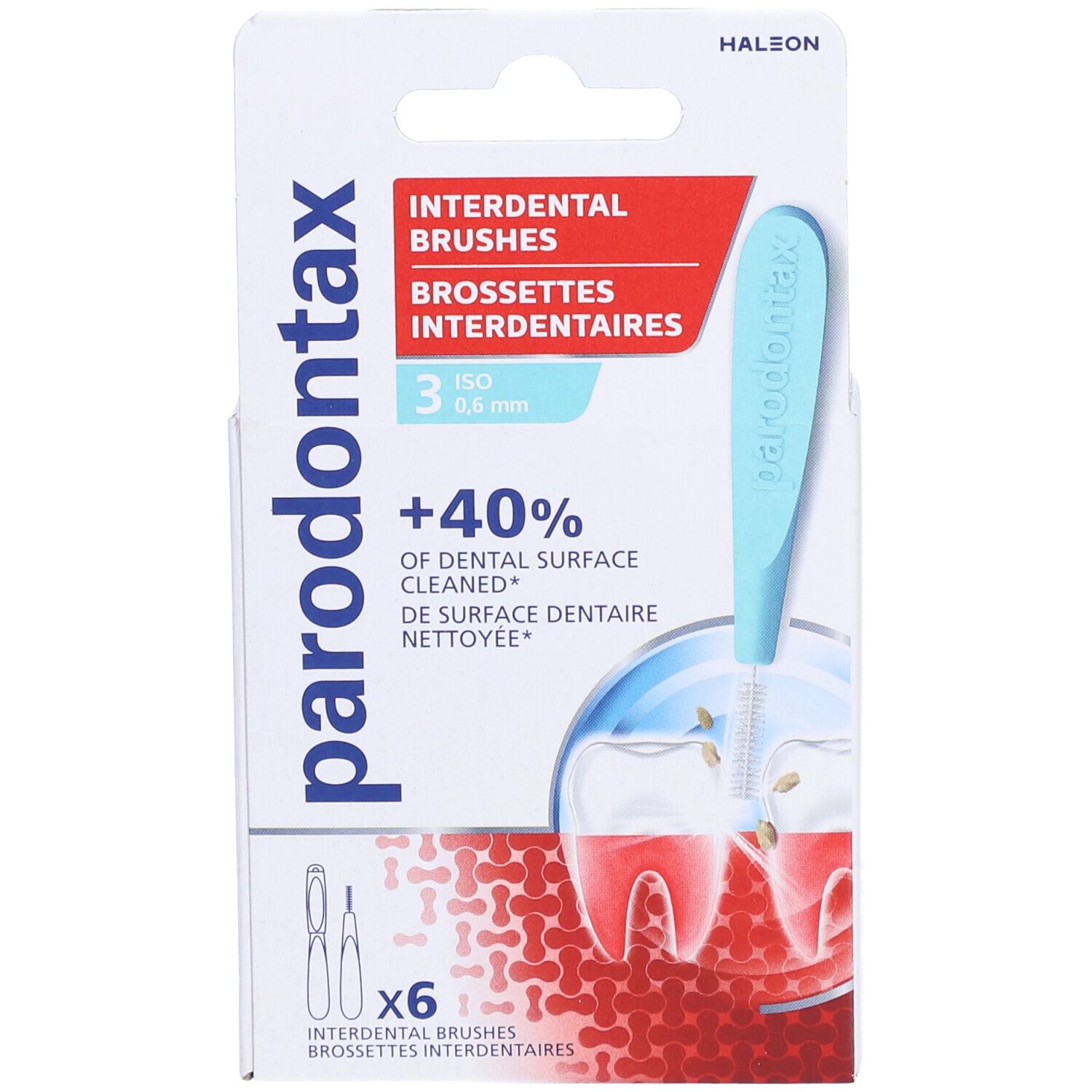 Emballage de brossettes interdentaires parodontax. 6 unités, 0,6 mm, manches bleus. Inscription : +40% de surface dentaire nettoyée.