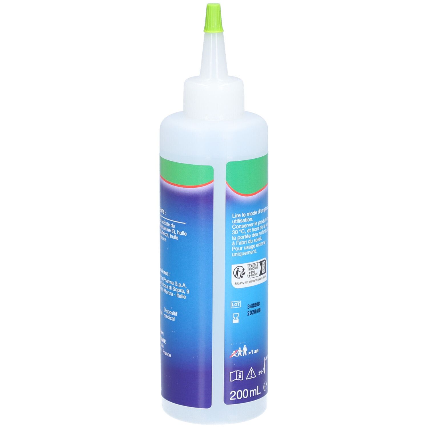 Dos du flacon blanc. Étiquette bleue avec texte et logos. Bande verte. Bouchon vert.