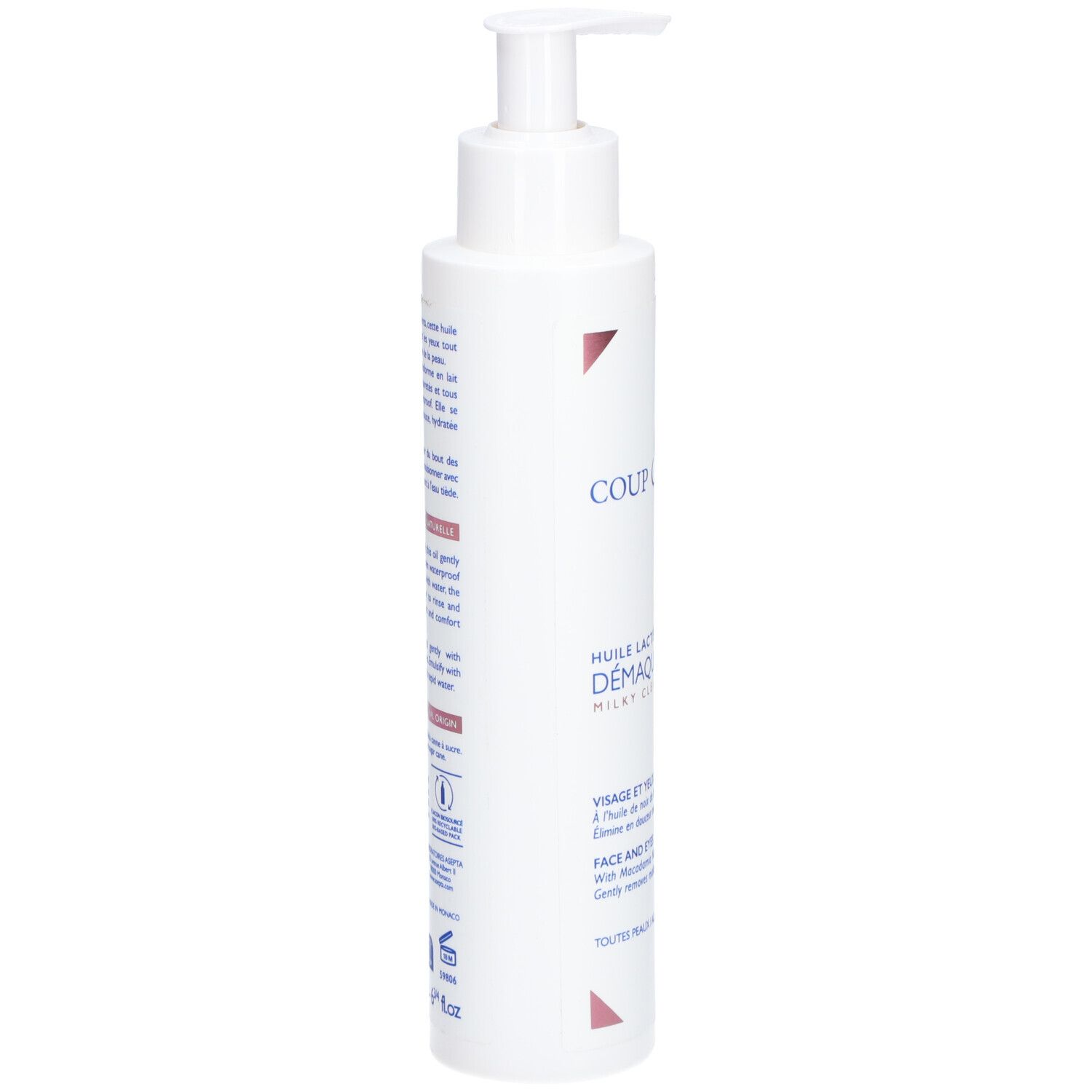 Flacon blanc avec pompe. Inscription: COUP D'ECLAT, HUILE LACTÉE DÉMAQUILLANTE. Informations produit sur le côté.