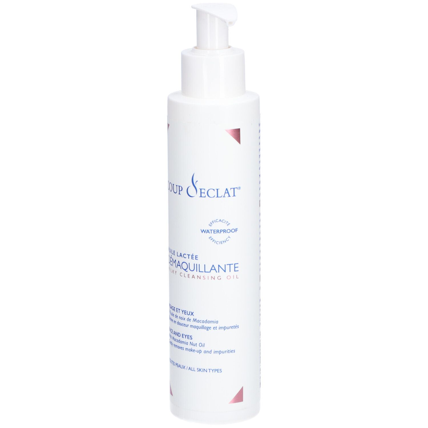 Flacon blanc avec pompe. Inscription: COUP D'ECLAT, HUILE LACTÉE DÉMAQUILLANTE. Pour visage et yeux. Résistant à l'eau.
