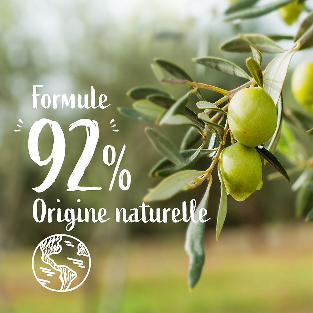 Olijftak met olijven. Tekst: Formule 92% Origine naturelle. Wereldbol-symbool.