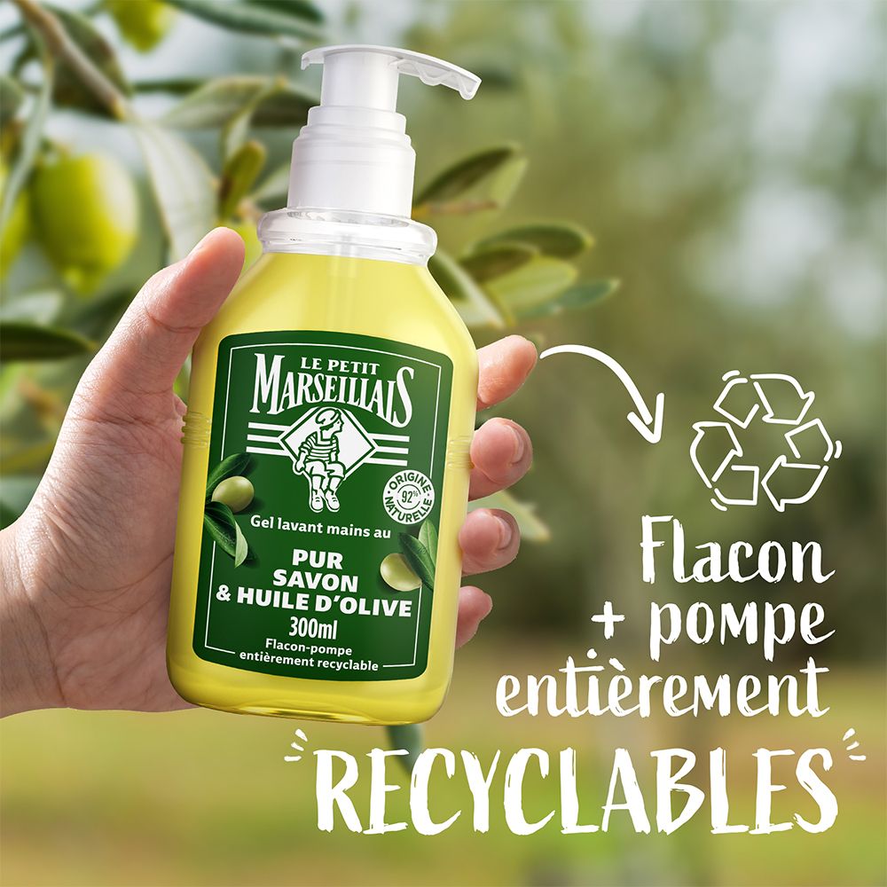 Gel Lavant mains au pur Savon & Huile d'olive in fles met pomp. Recycling-symbool.