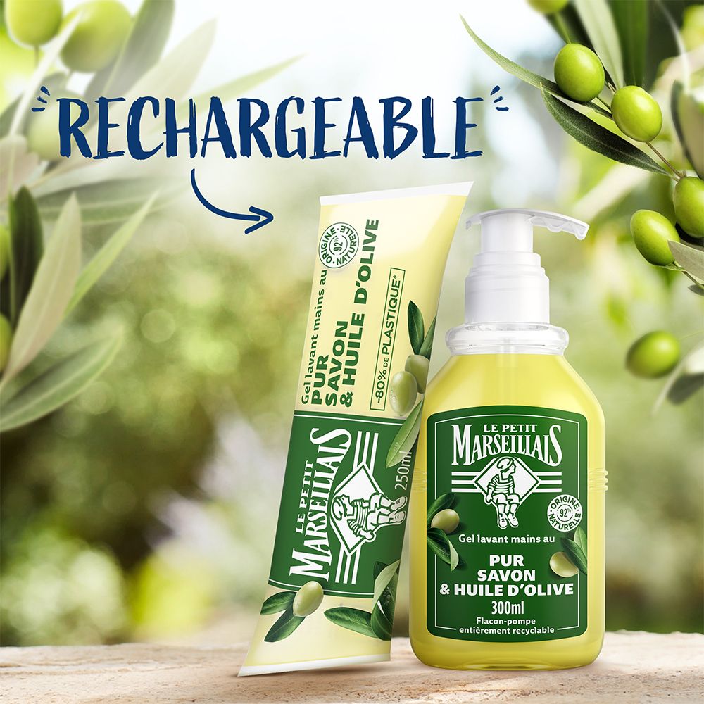 Gel Lavant mains au pur Savon & Huile d'olive in tube en fles. Tekst: Rechargeable.