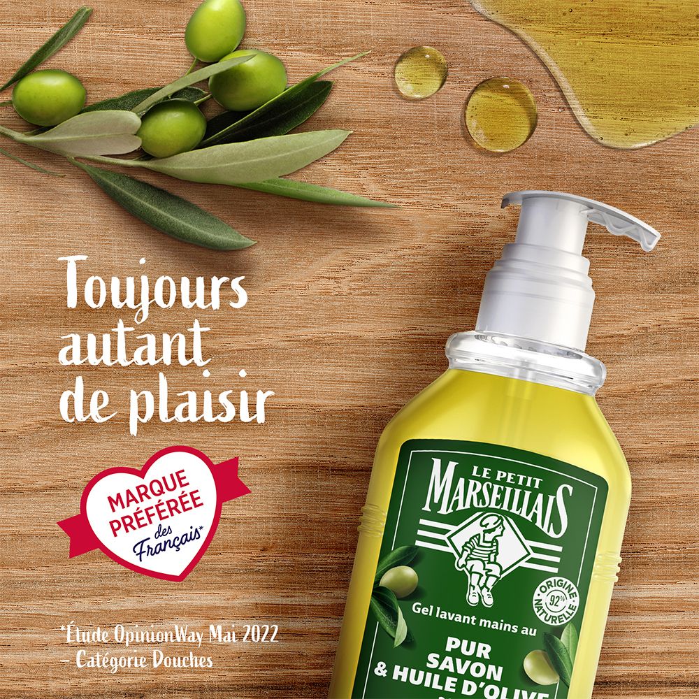 Fles Gel Lavant mains au pur Savon & Huile d'olive. Label: Marque Préférée des Français.