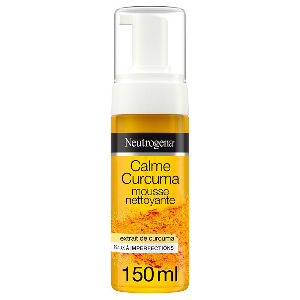 Mousse nettoyante Calme Curcuma Neutrogena. Flacon jaune avec pompe blanche. Texte.