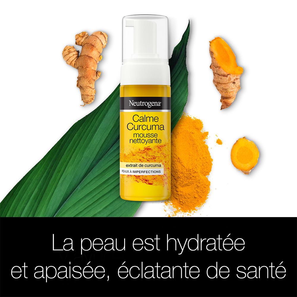 Mousse nettoyante Neutrogena Calme Curcuma. Flacon, curcuma, feuille. Texte: La peau est hydratée.