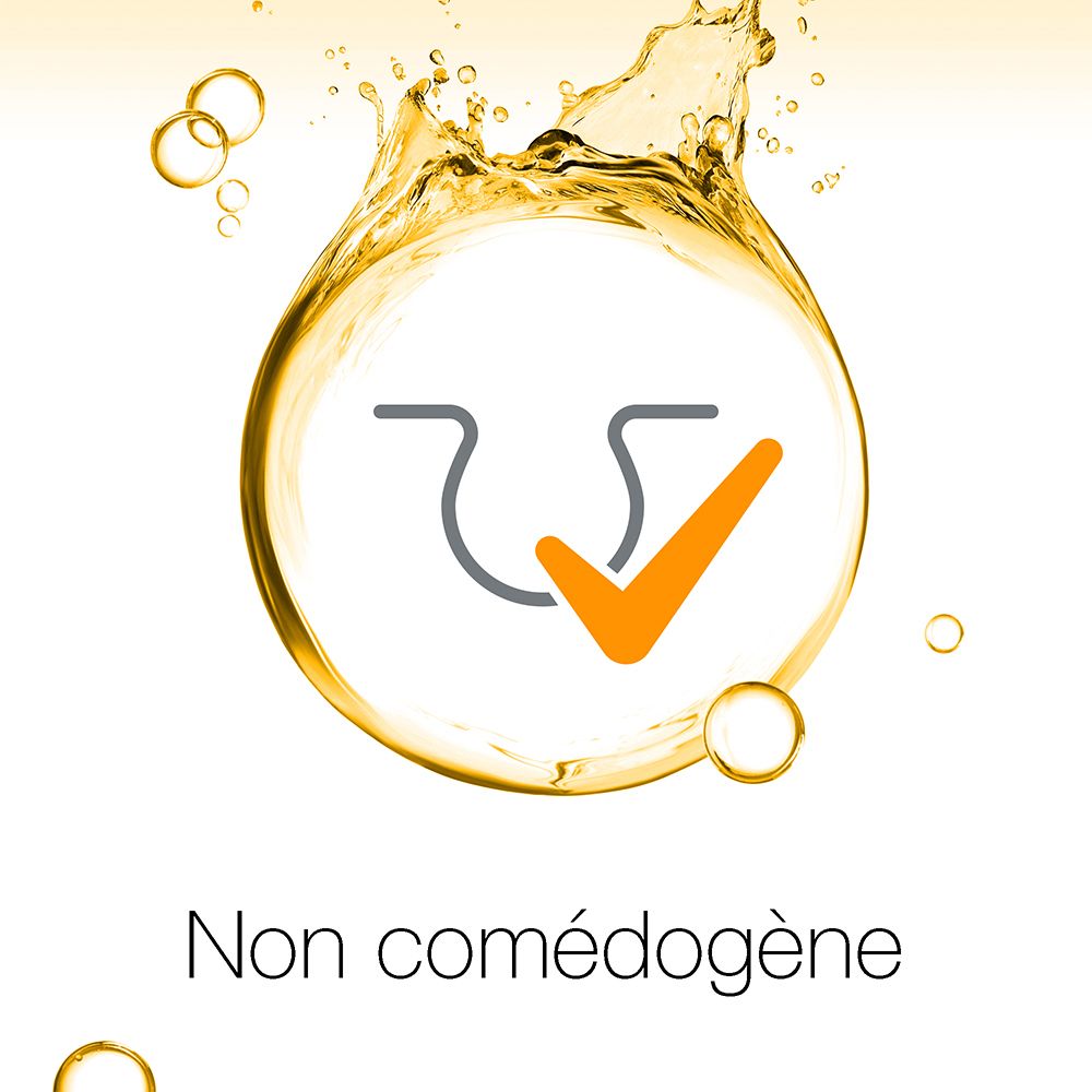 Symbole : peau avec coche. Texte : Non comédogène. Fond jaune avec gouttes.