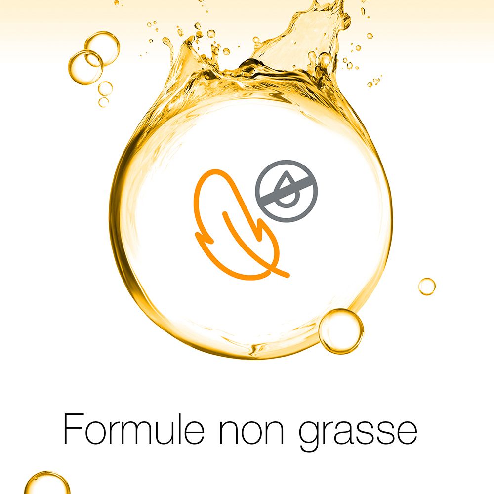Symbole : plume barrée d'une goutte. Texte : Formule non grasse. Fond jaune.