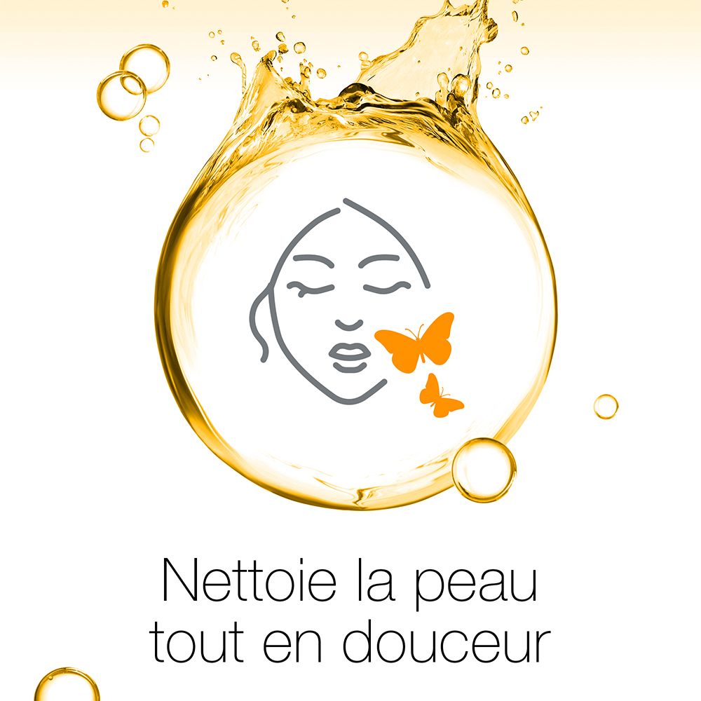 Symbole : visage avec papillons. Texte : Nettoie la peau tout en douceur. Fond jaune.
