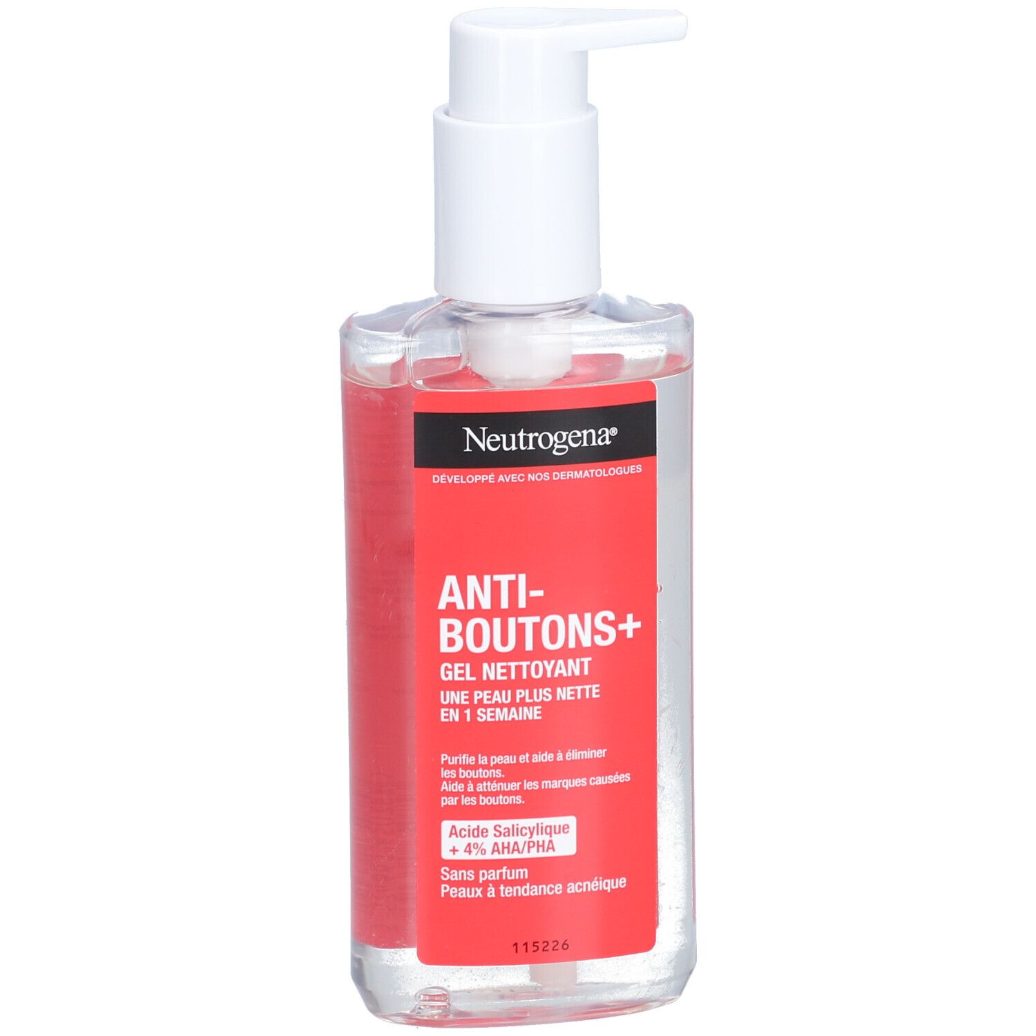 Gel nettoyant Neutrogena Anti-boutons+. Flacon transparent avec étiquette rouge et pompe blanche.