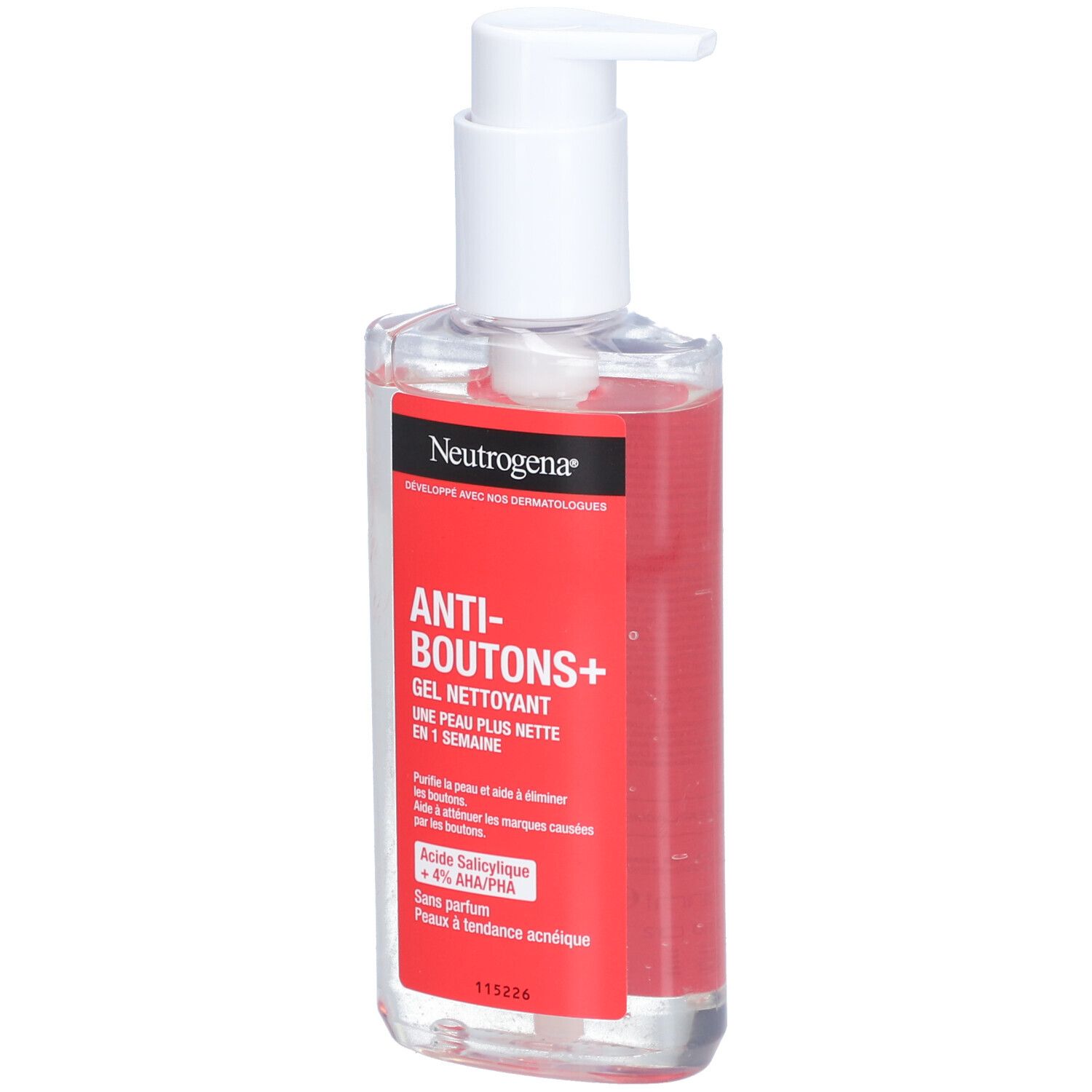 Gel nettoyant Neutrogena Anti-boutons+. Flacon transparent avec étiquette rouge et pompe blanche.