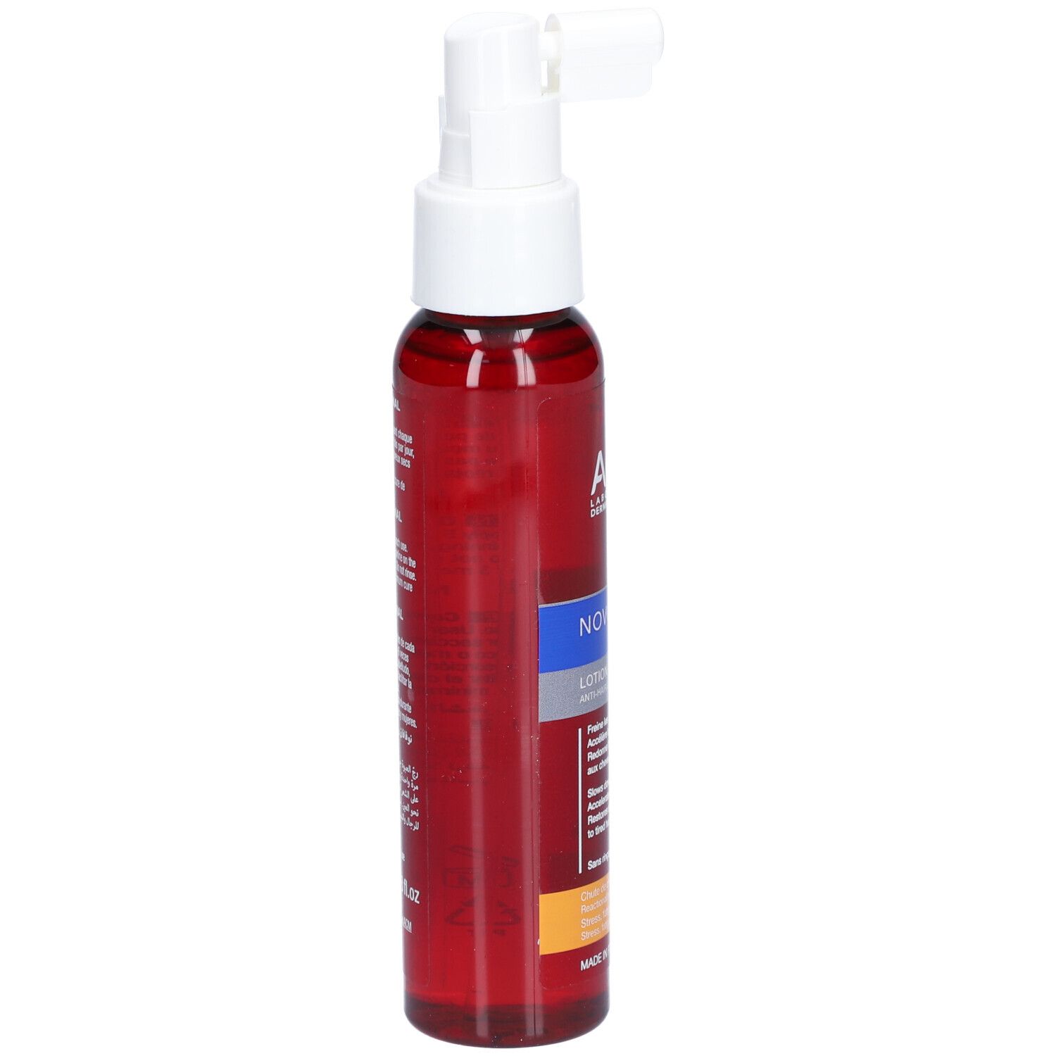 Rote Flasche mit weißem Sprühkopf. Aufschrift: ACM, Novophane Reactional Lotion. Seitenansicht.