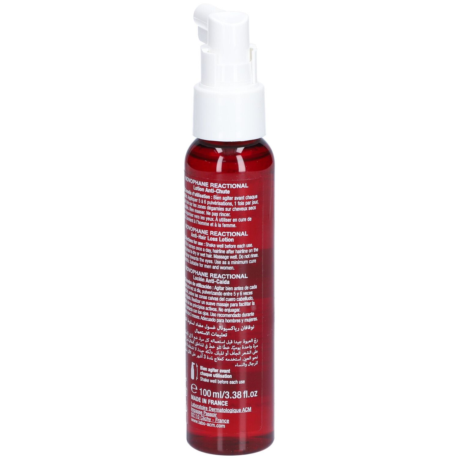 Rote Flasche mit weißem Sprühkopf. Rückseite mit Text. Aufschrift: Novophane Reactional Lotion Anti-chute. 100ml.