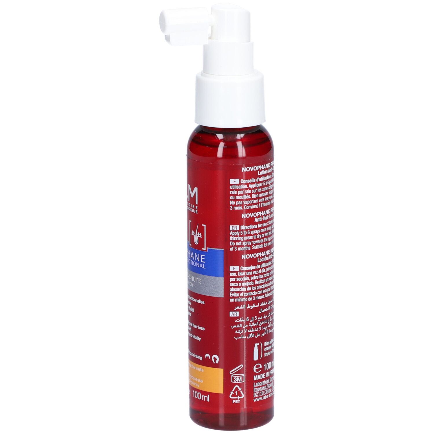 Rote Flasche mit weißem Sprühkopf. Aufschrift: ACM, Novophane Reactional Lotion Anti-chute. 100ml.