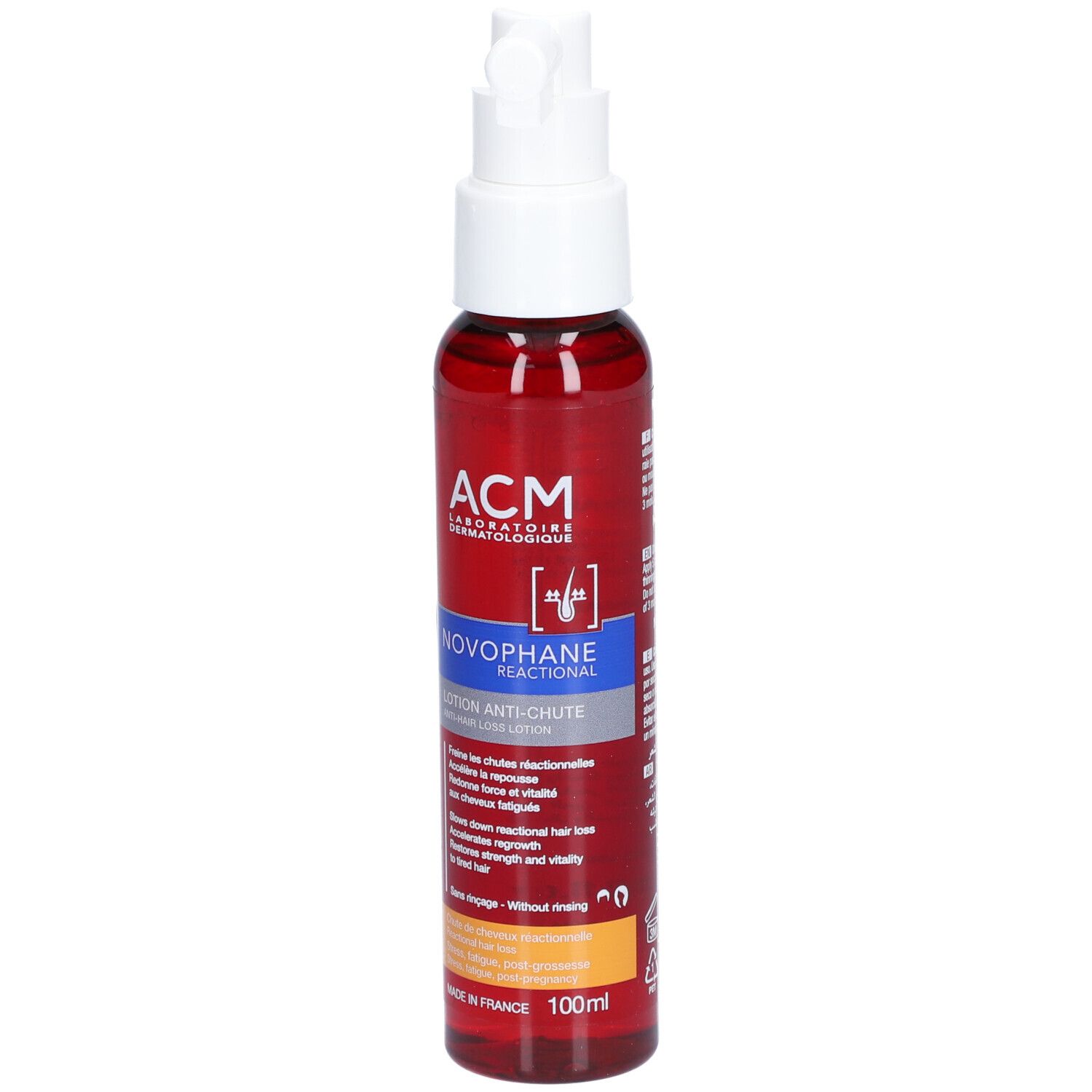 Rote Flasche mit weißem Sprühkopf. Aufschrift: ACM, Novophane Reactional Lotion Anti-chute. 100ml.