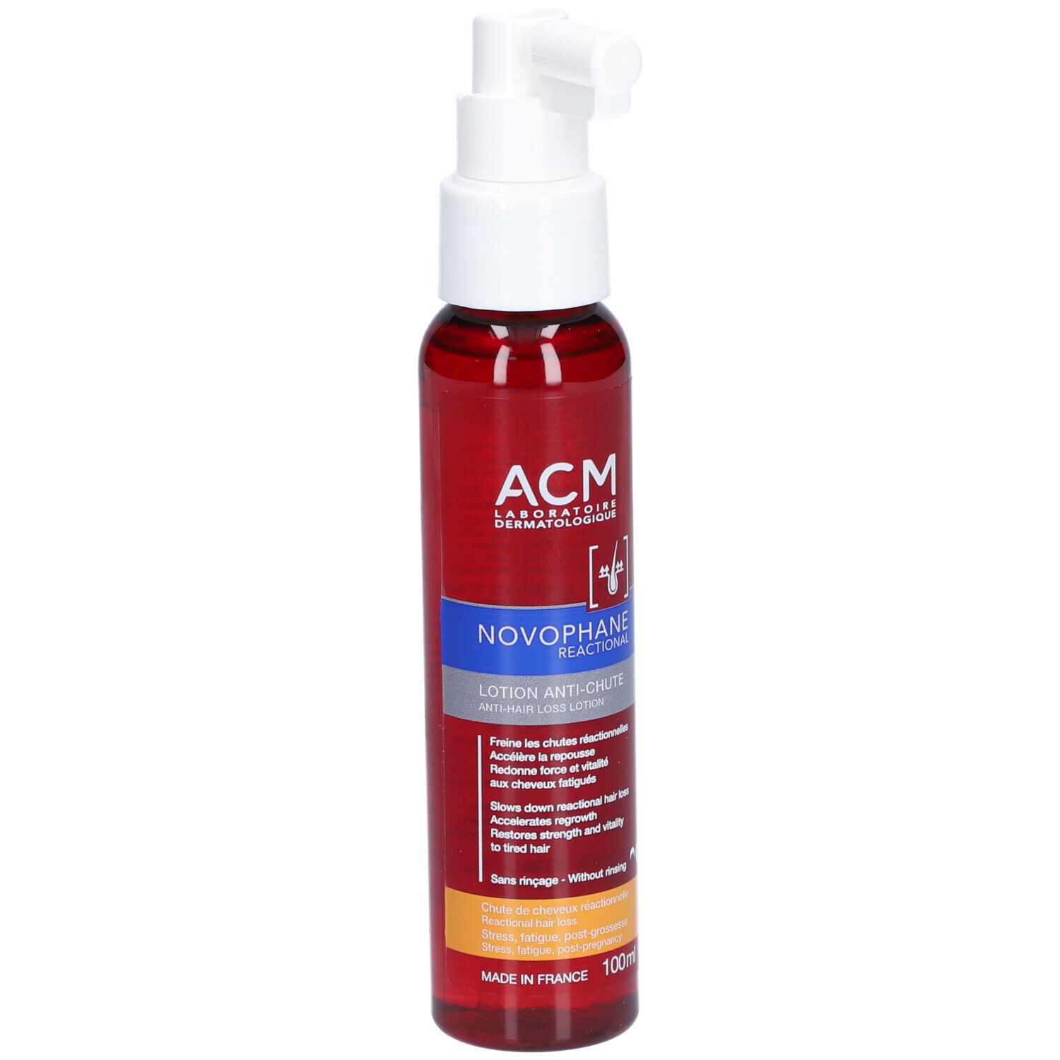 Rote Flasche mit weißem Sprühkopf. Aufschrift: ACM, Novophane Reactional Lotion Anti-chute. 100ml.