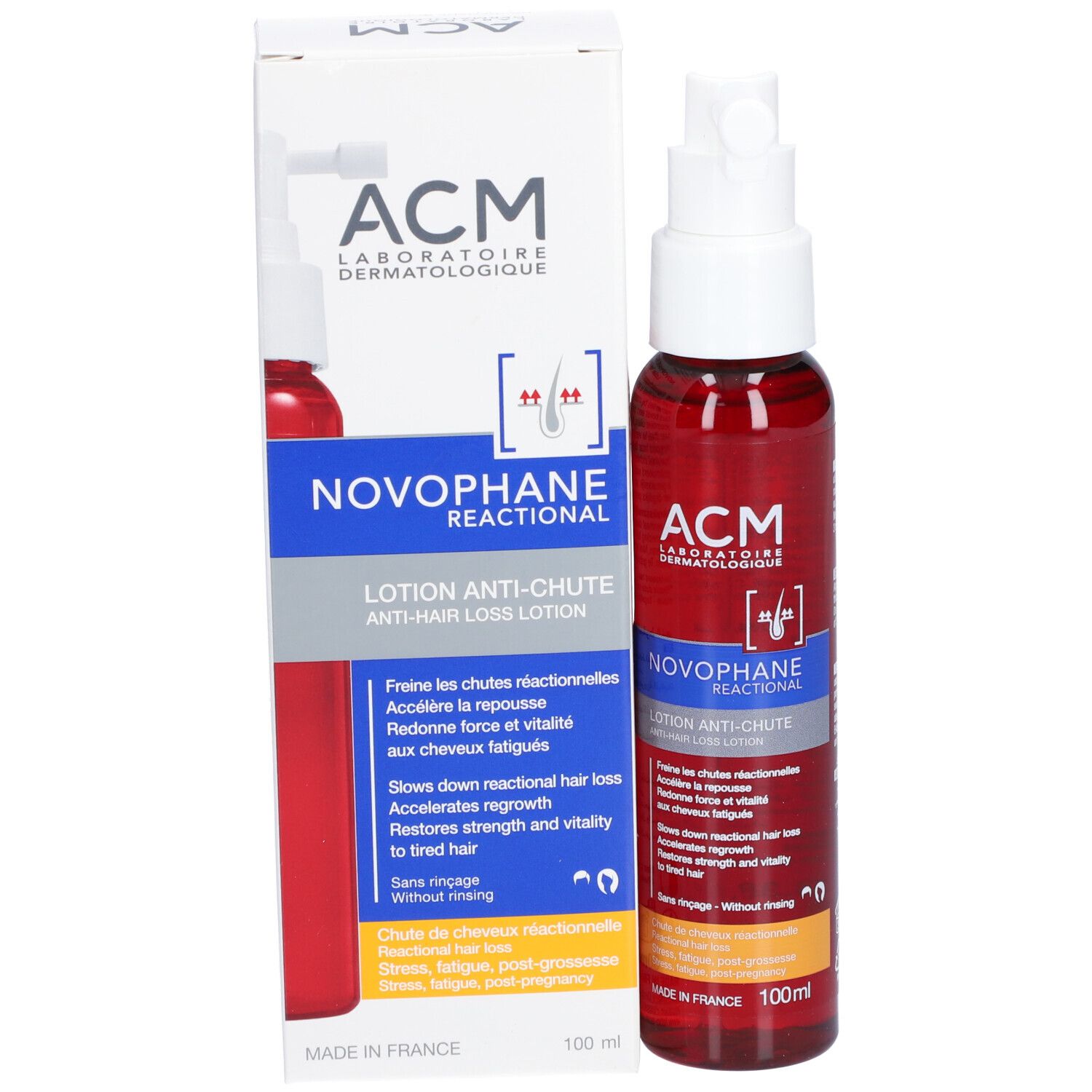 Produktverpackung mit Flasche und Karton. Aufschrift: ACM, Novophane Reactional Lotion Anti-chute. 100ml.